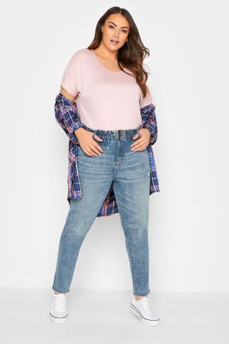 Plus Size Blue Washed Elasticated Stretch MOM Jeans