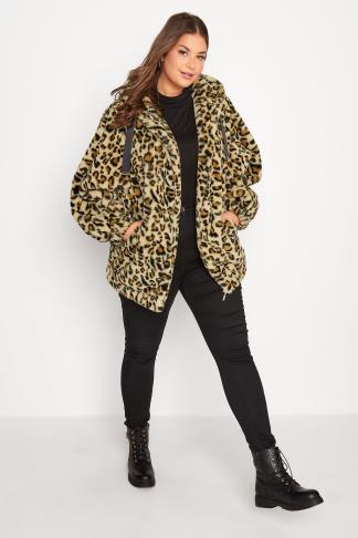 Plus Size Brown Leopard Print Faux Fur Jacket