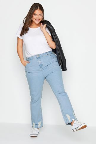 Plus Size Vintage High Waisted Light Blue Ripped Jeans With Step Hem