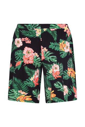 Plus Size Black Tropical Print Jersey Shorts