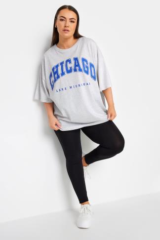 YOURS Plus Size Light Grey 'Chicago' Slogan Oversized Boxy T-Shirt
