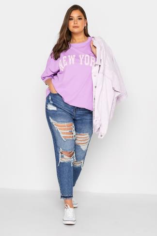 Plus Size Yours Curve Dark Purple 'New York' Slogan Varsity Tshirt Size 12 | Women's Plus Size and Curve Fashion