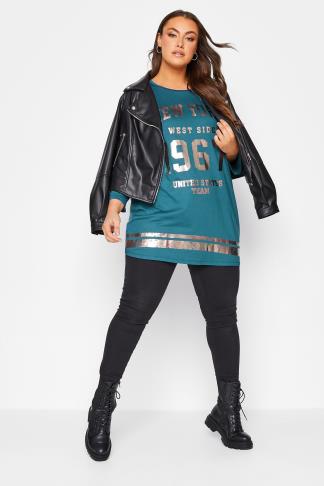 Plus Size Navy Blue Metallic Varsity T-Shirt