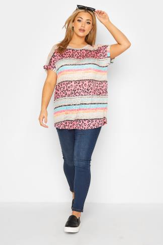 Plus Size Pink Leopard Print Colour Block T-Shirt