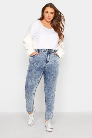 Plus Size Bleach Blue Stretch Elasticated Waist MOM Jeans