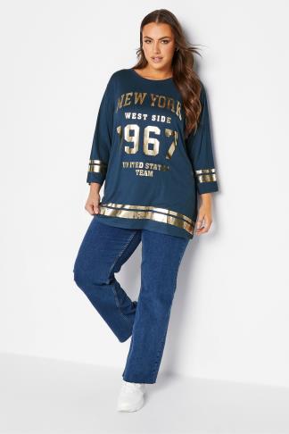 YOURS Plus Size Navy Blue 'Brooklyn 79' Varsity T-Shirt