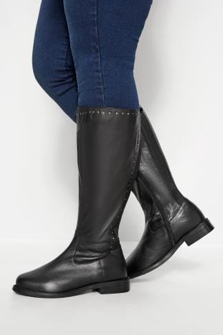 Black Leather Stud Trim Knee High Boots 