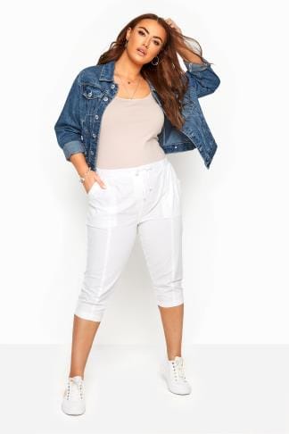 ladies white cotton cropped trousers