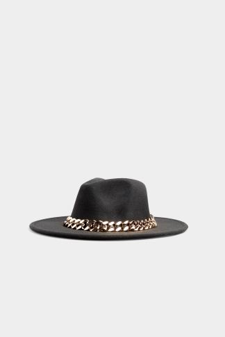 Chain Strap Felt Fedora Hat Black Xs