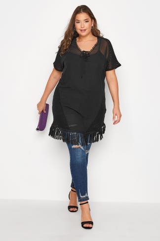 Curves Black Wave Chiffon Dip Hem Shirt