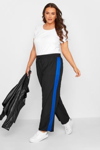 Plus Size Black & Blue Contrast Stripe Wide Leg Trousers | Yours