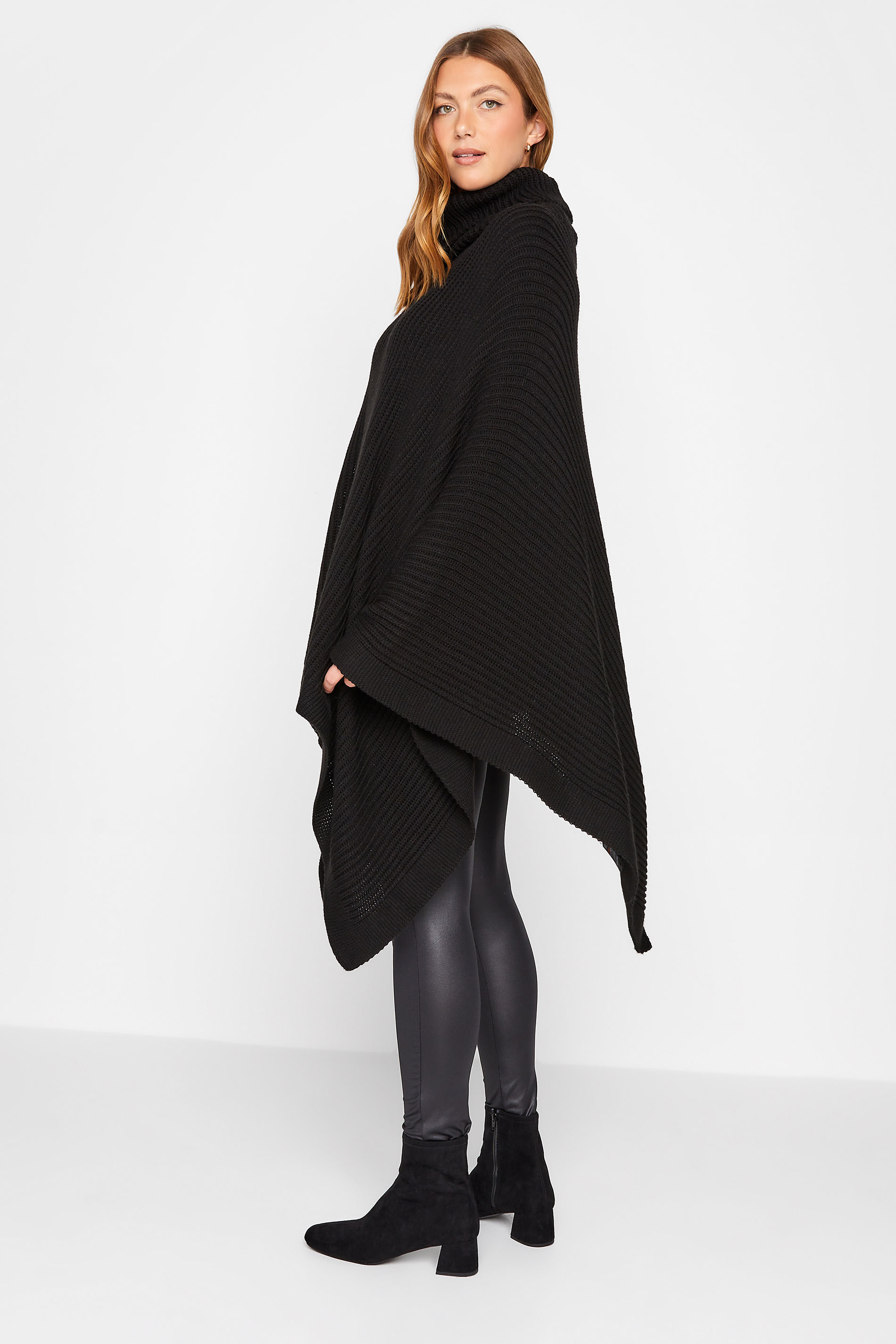 LTS Tall Women's Black Roll Neck Knitted Poncho | Long Tall Sally 1