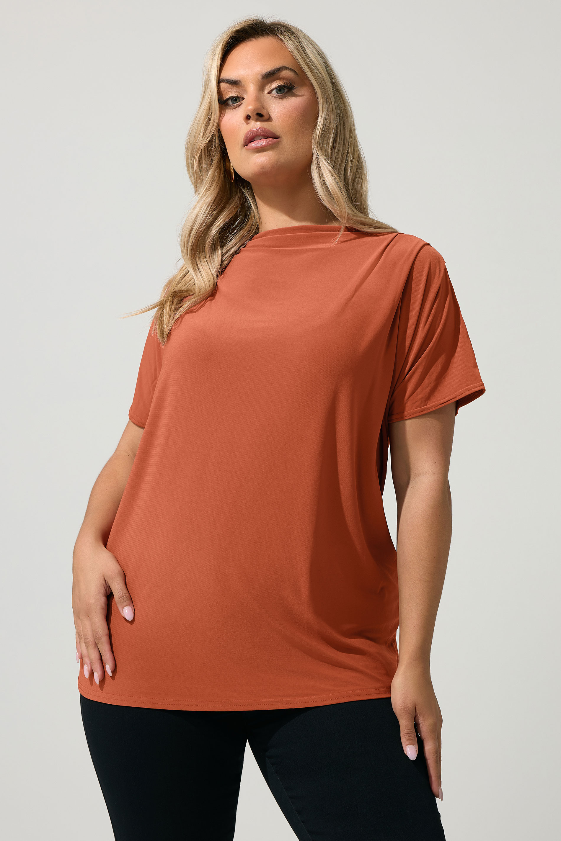 YOURS LONDON Plus Size Rust Orange Drape Shoulder Top | Yours Clothing 3