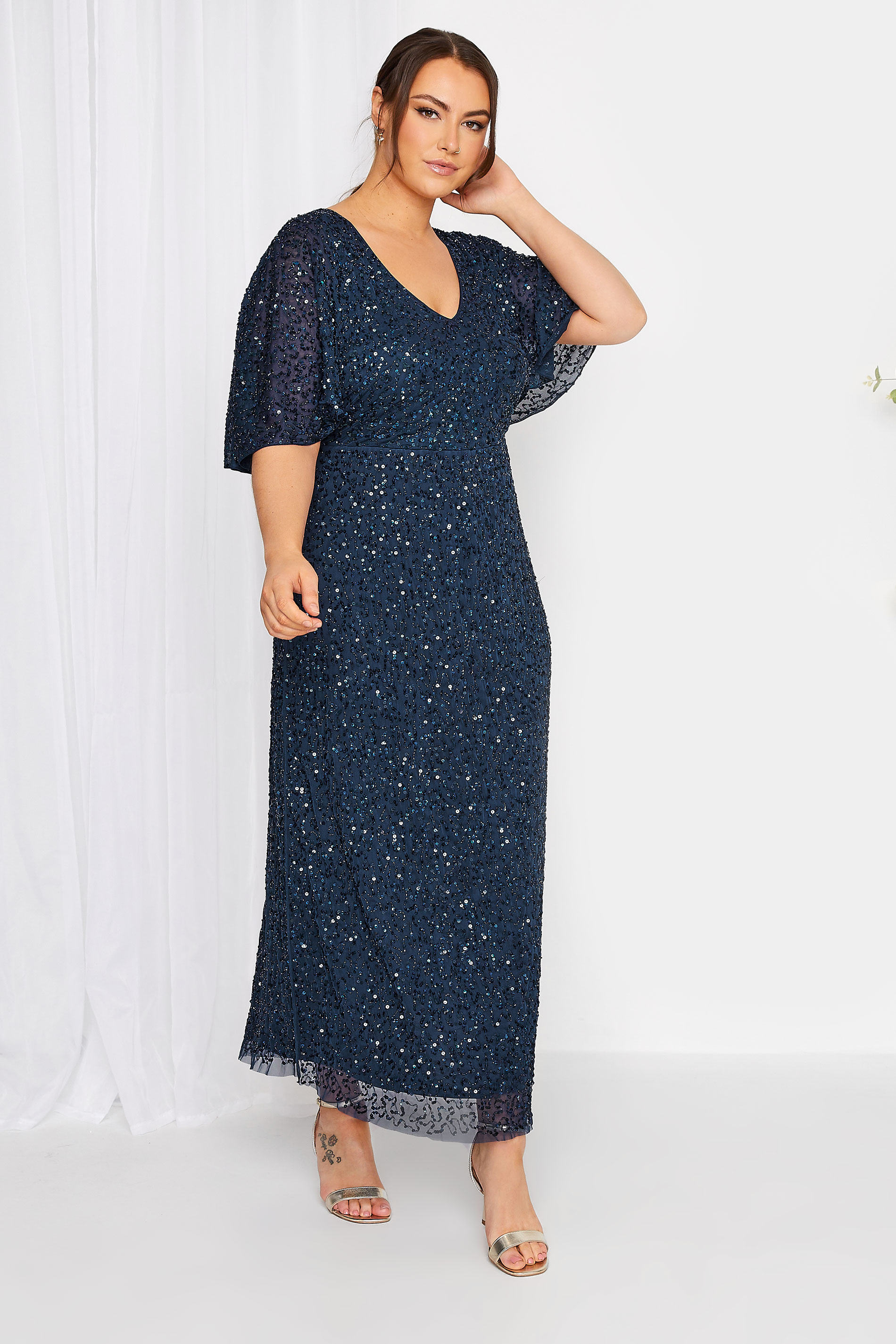 LUXE Plus Size Navy Blue Hand Embellished V-Neck Maxi Dress | Yours Clothing 2