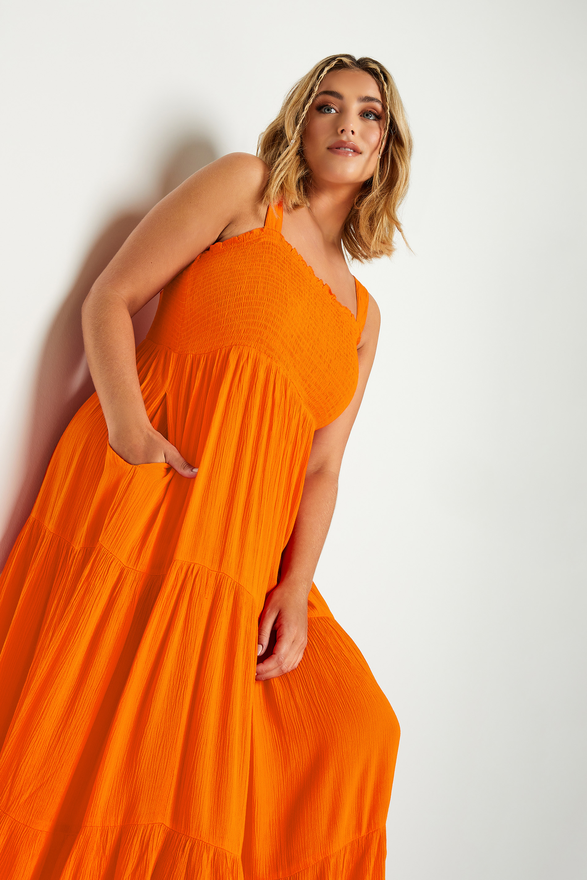 YOURS Plus Size Orange Shirred Strappy Sundress | Yours Clothing  1