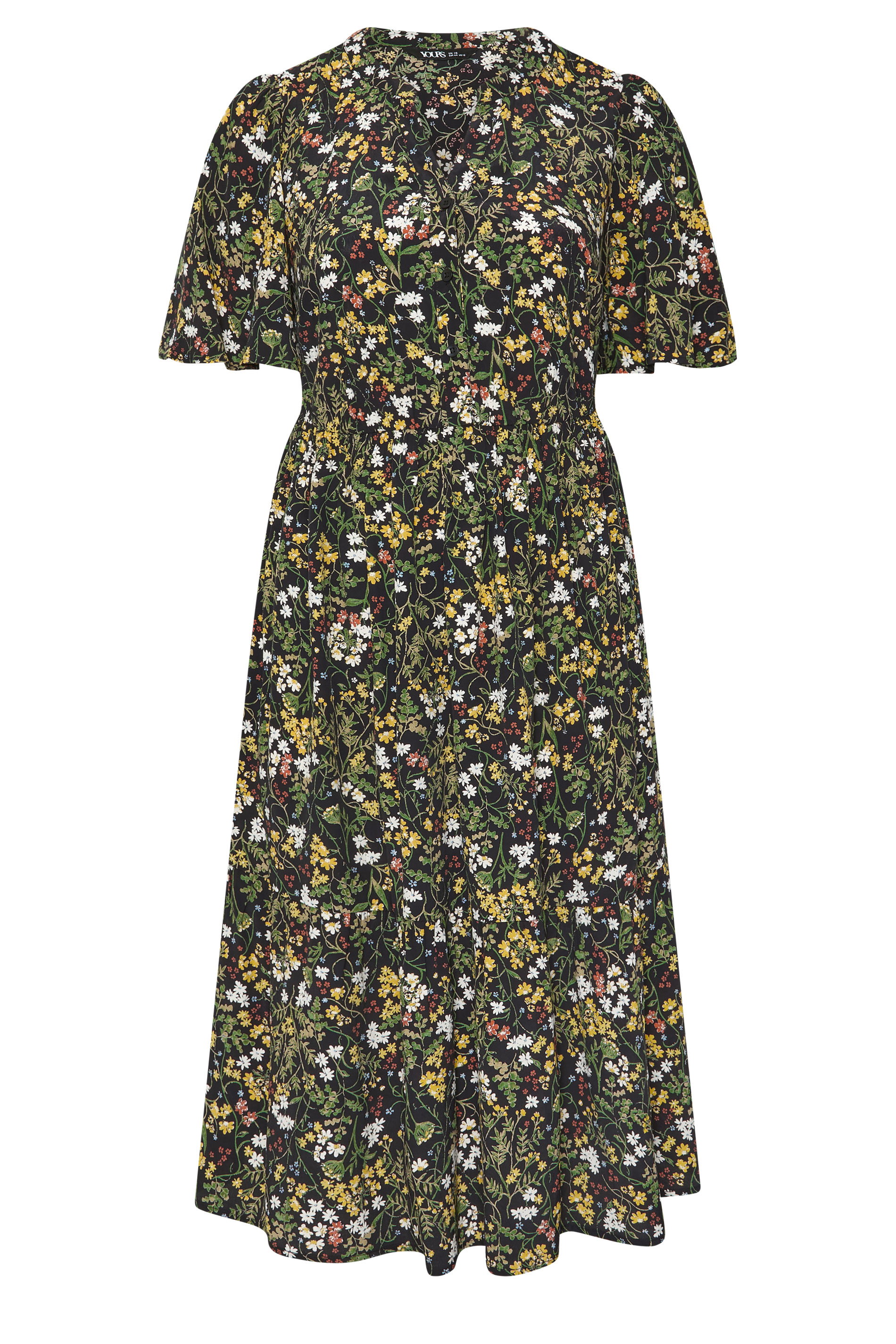 YOURS Plus Size Black Floral Placket Midi Dress | Yours Clothing 1