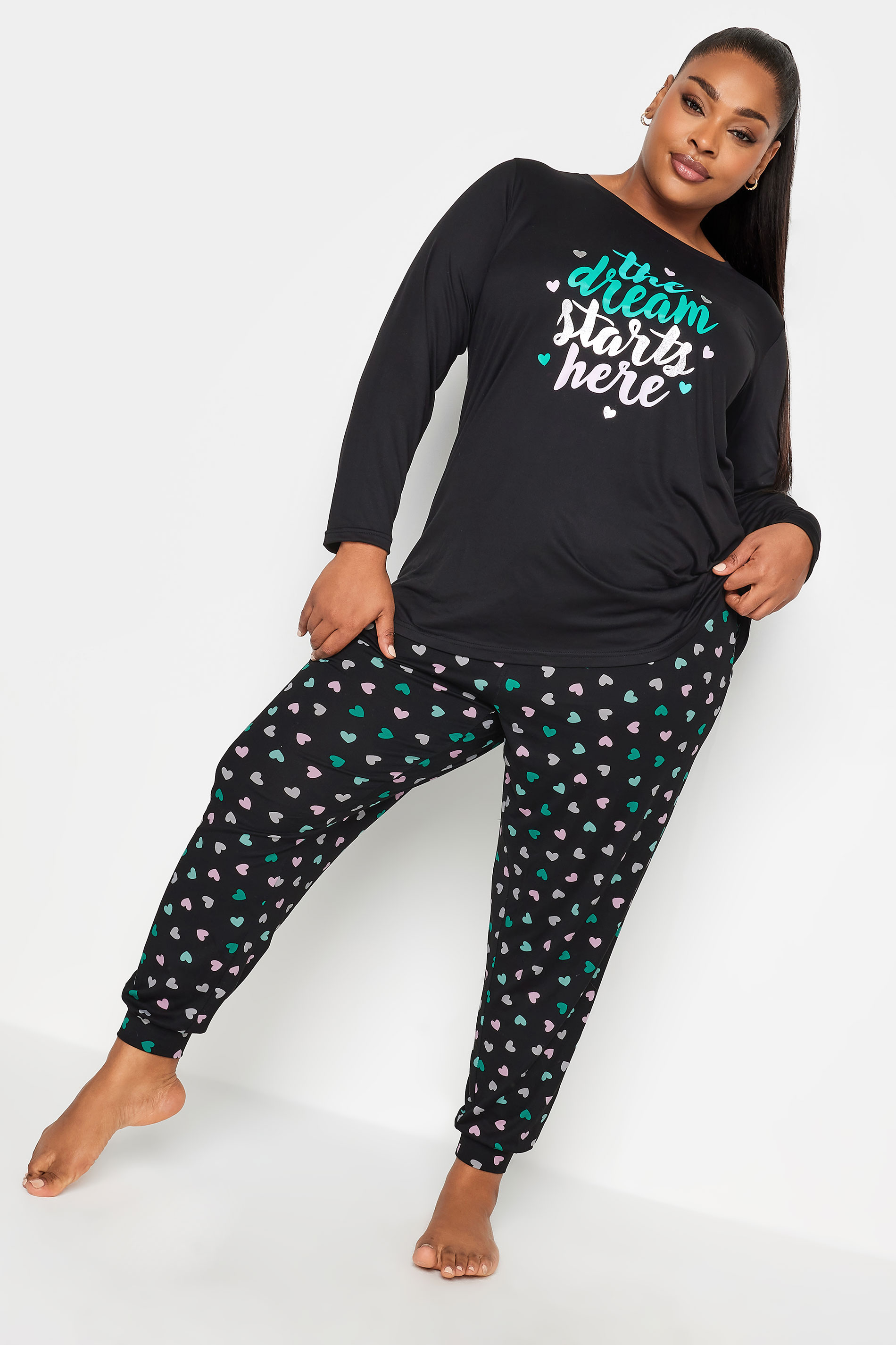 YOURS Curve Black 'Dream Starts Here' Soft Touch Pyjama Set | Yours Clothing 2