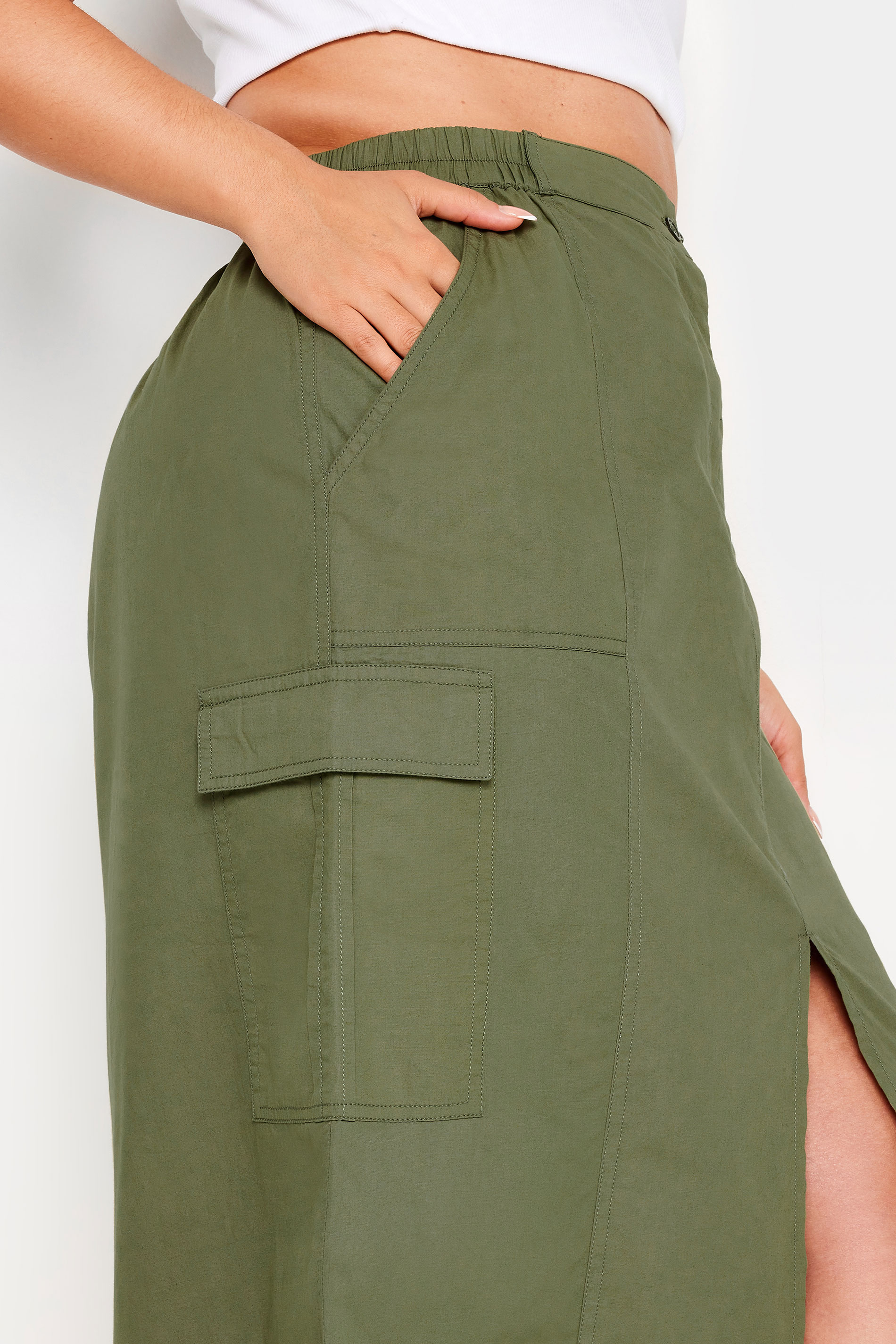 YOURS Plus Size Khaki Green Split Hem Cargo Midi Skirt | Yours Clothing 3