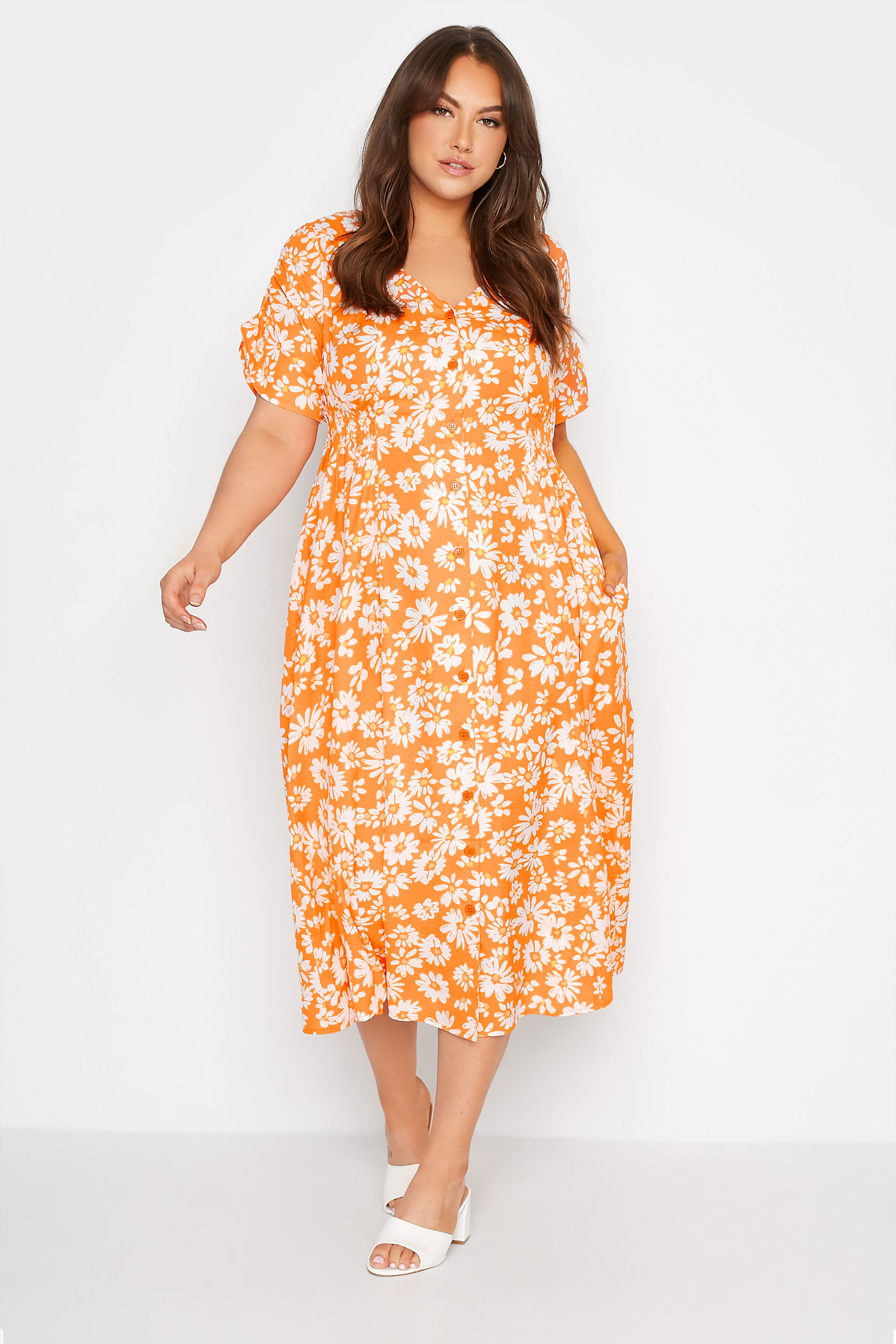 LIMITED COLLECTION Curve Orange Daisy Print Tea Dress_A.jpg