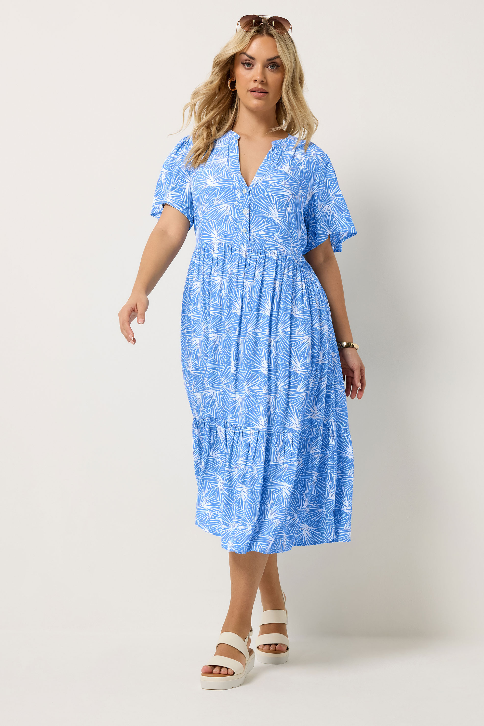 YOURS Plus Size Blue Shell Print Tiered Dress | Yours Clothing 1