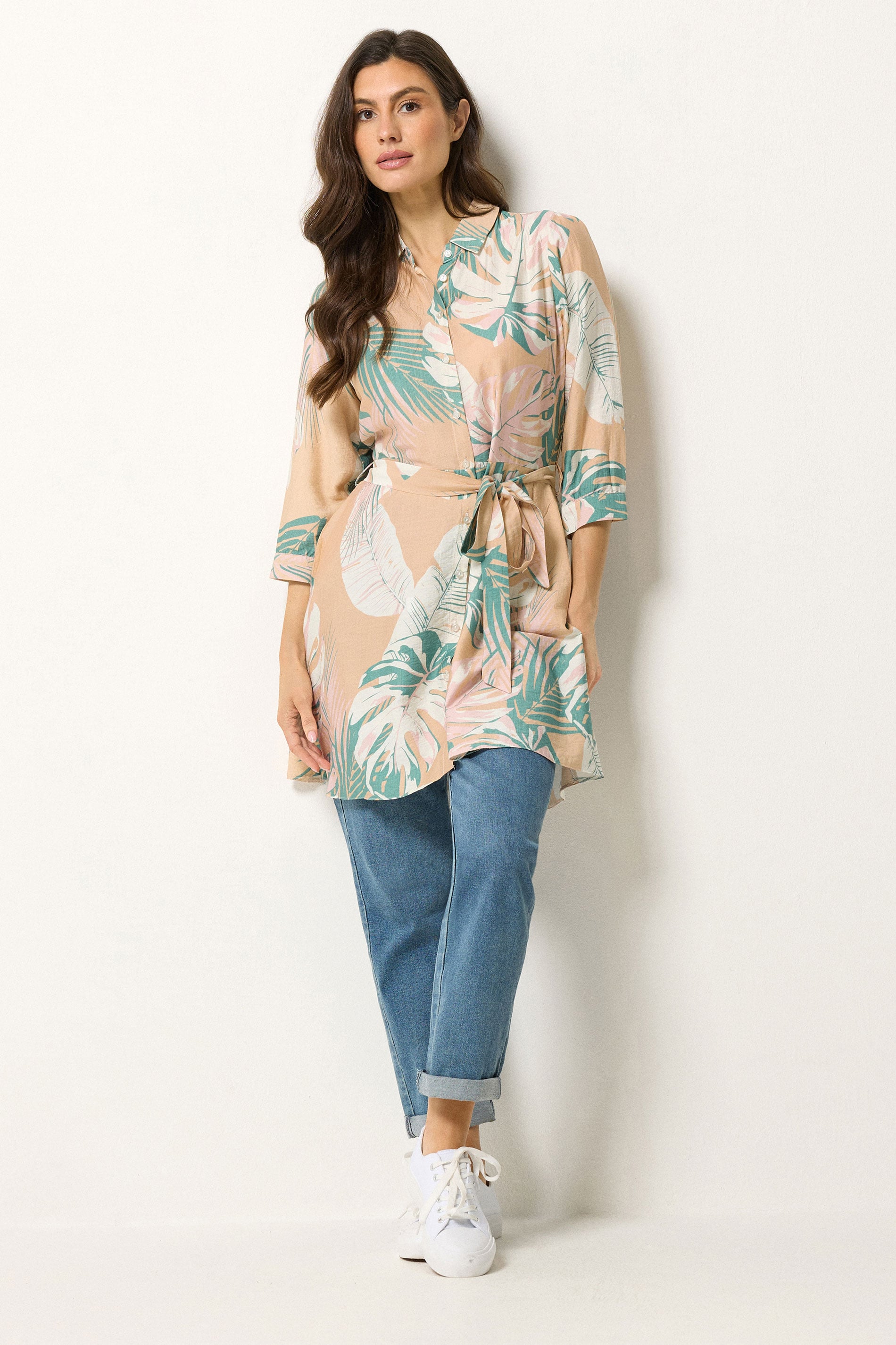 M&Co Pink & Green Abstract Floral Belted Tunic Shirt | M&Co 1