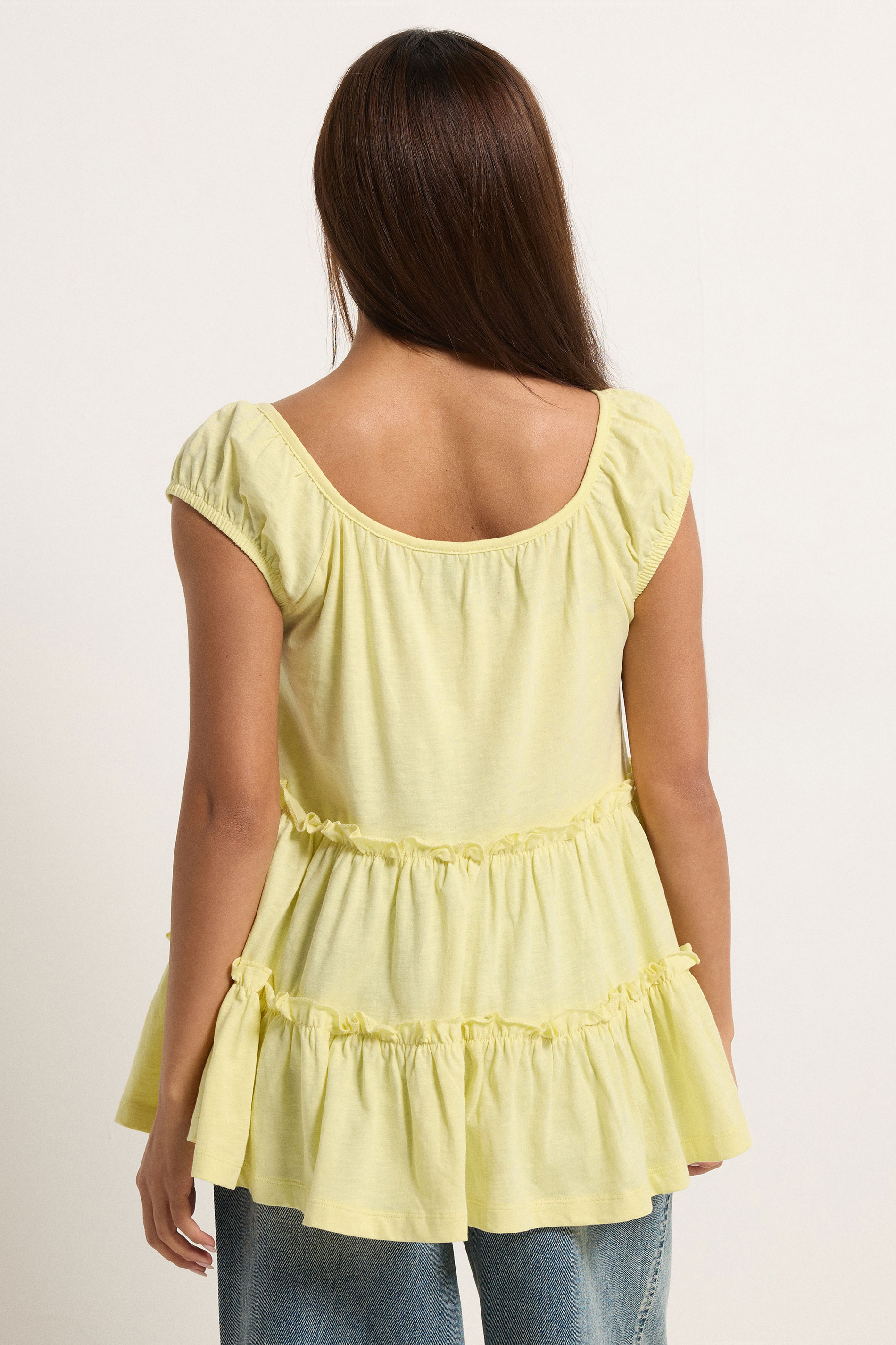 PixieGirl Petite Women's Lemon Yellow Tiered Cotton Top | PixieGirl 2