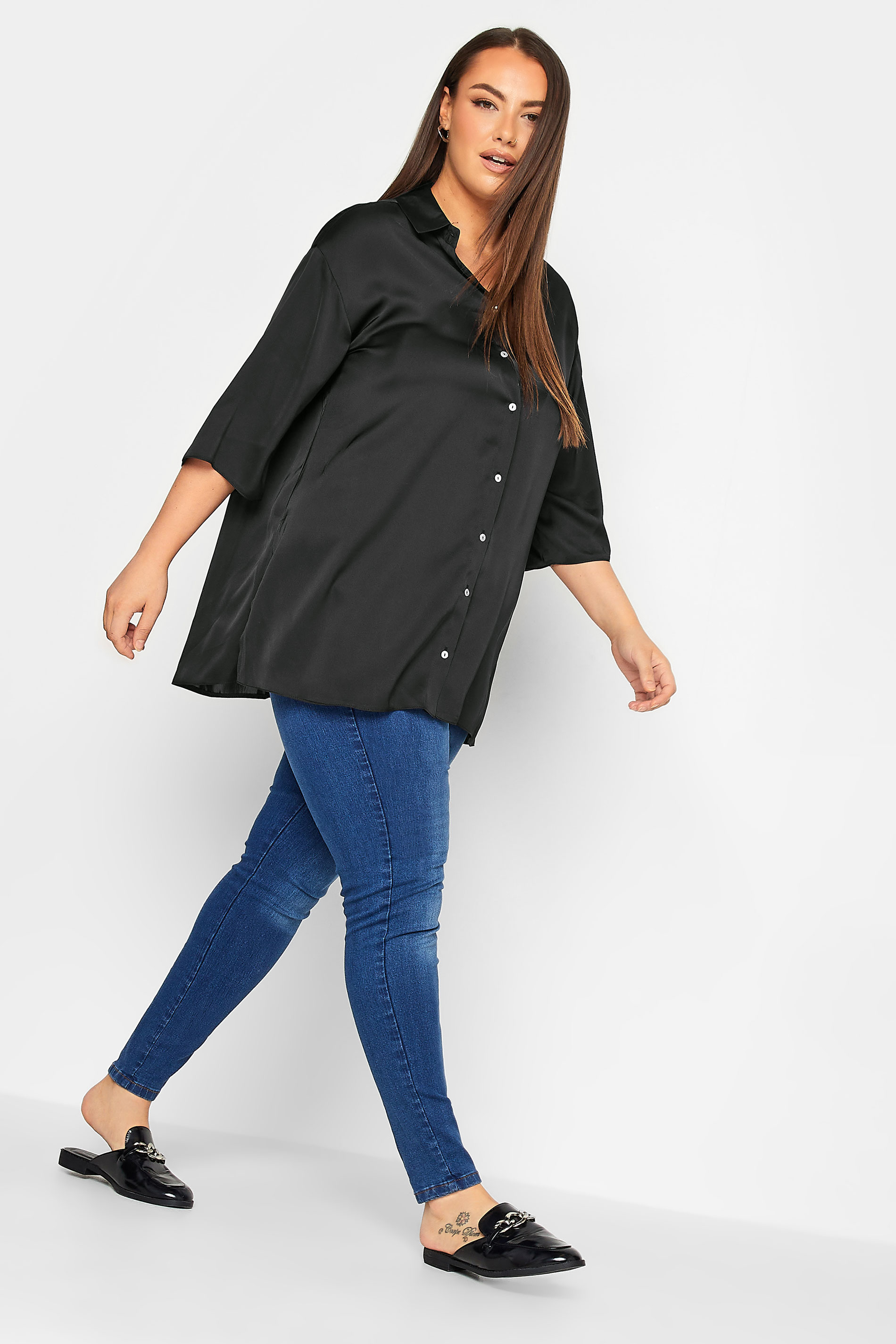 YOURS Curve Plus Size Black Satin Shirt | Yours Clothing  2