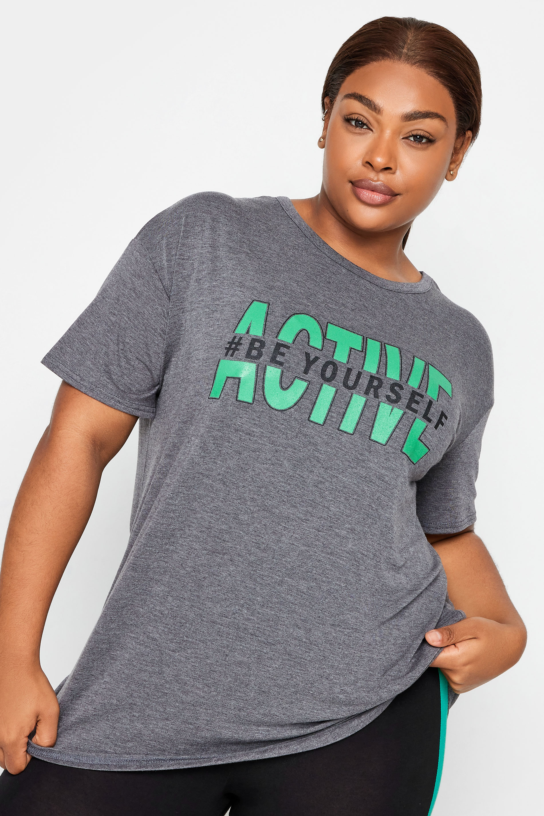 YOURS ACTIVE Plus Size Grey '#Be Yourself' Slogan Top | Yours Clothing 1