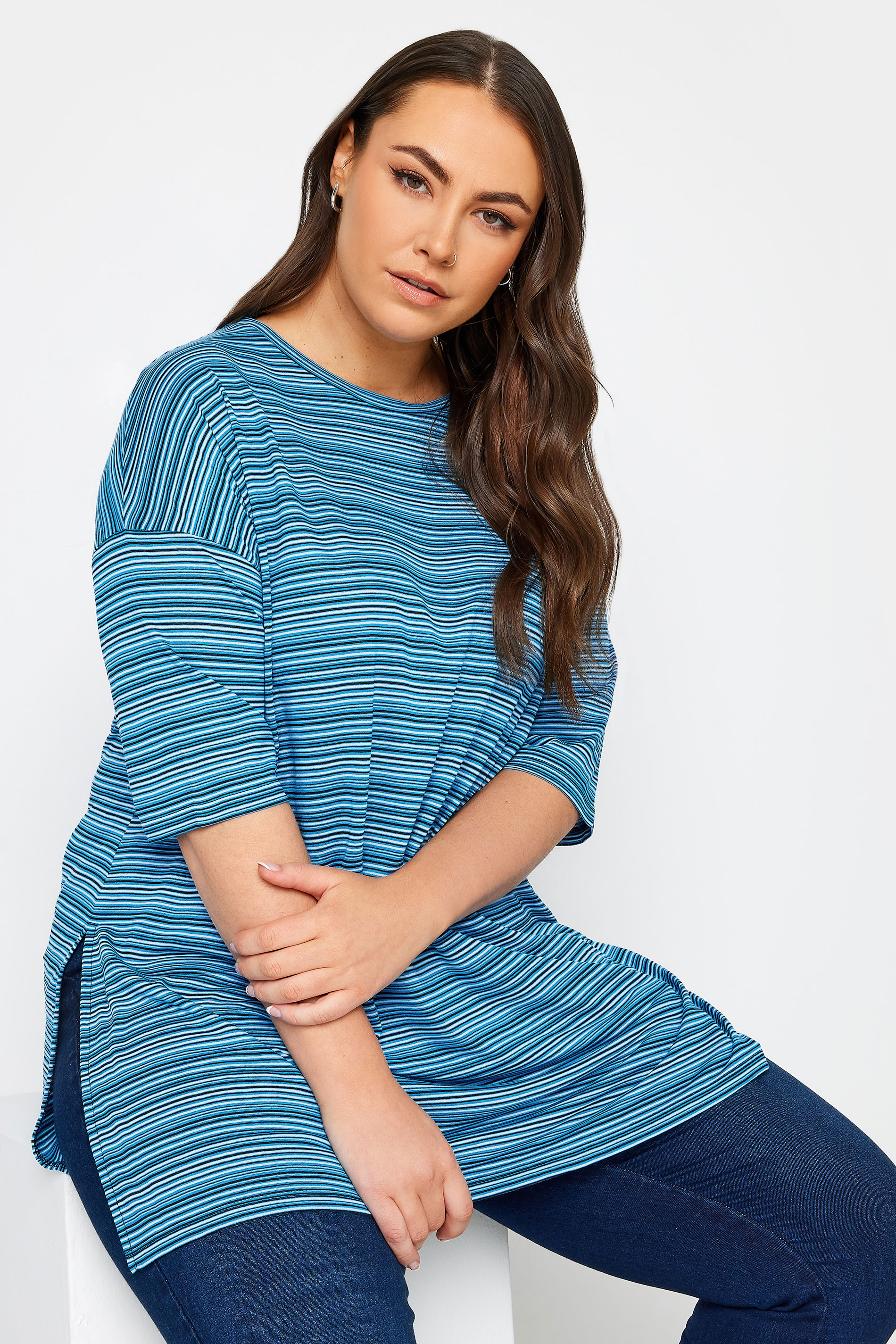 YOURS Curve Blue Stripe Oversized Top | Yours Clothing 1