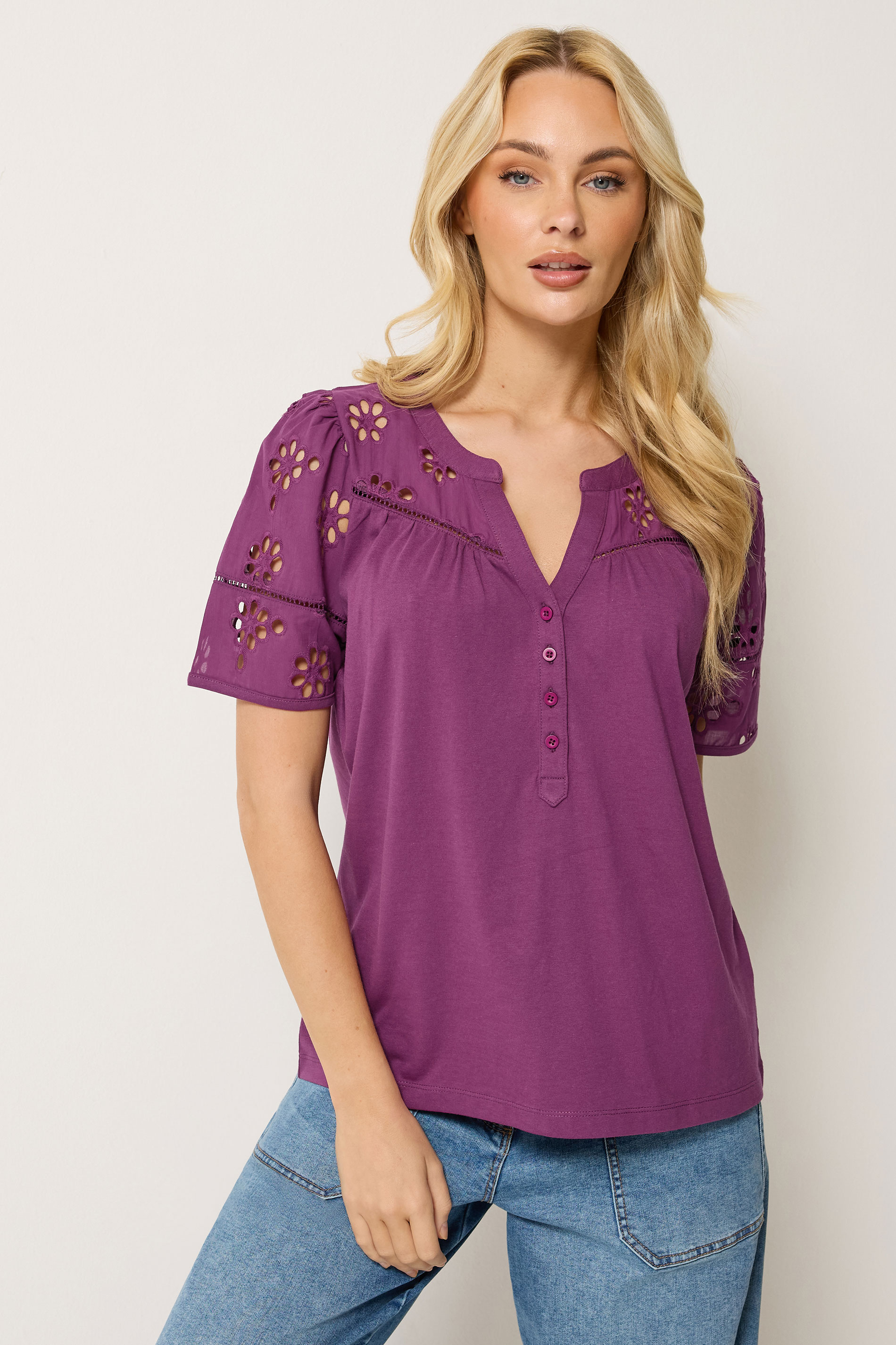 M&Co Berry Purple Broderie Cotton T-Shirt | M&Co 3