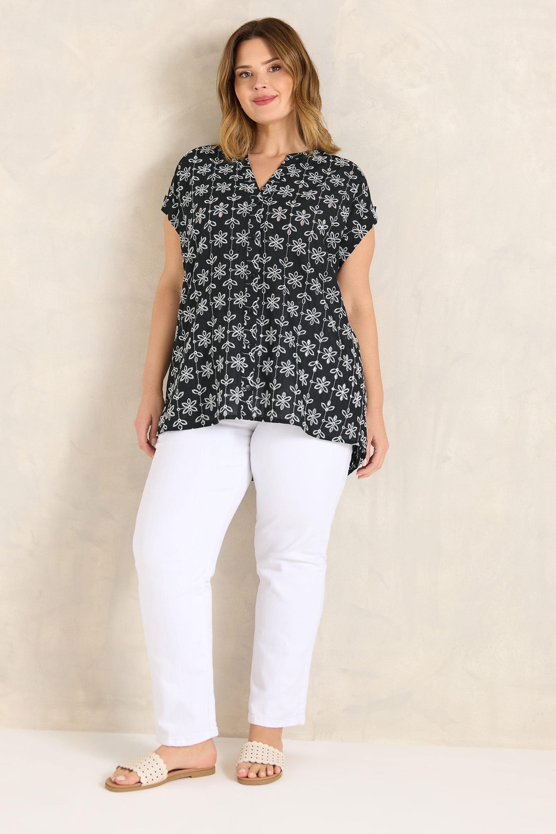 EVANS Plus Size Black Broderie Short Sleeve Shirt | Evans 1