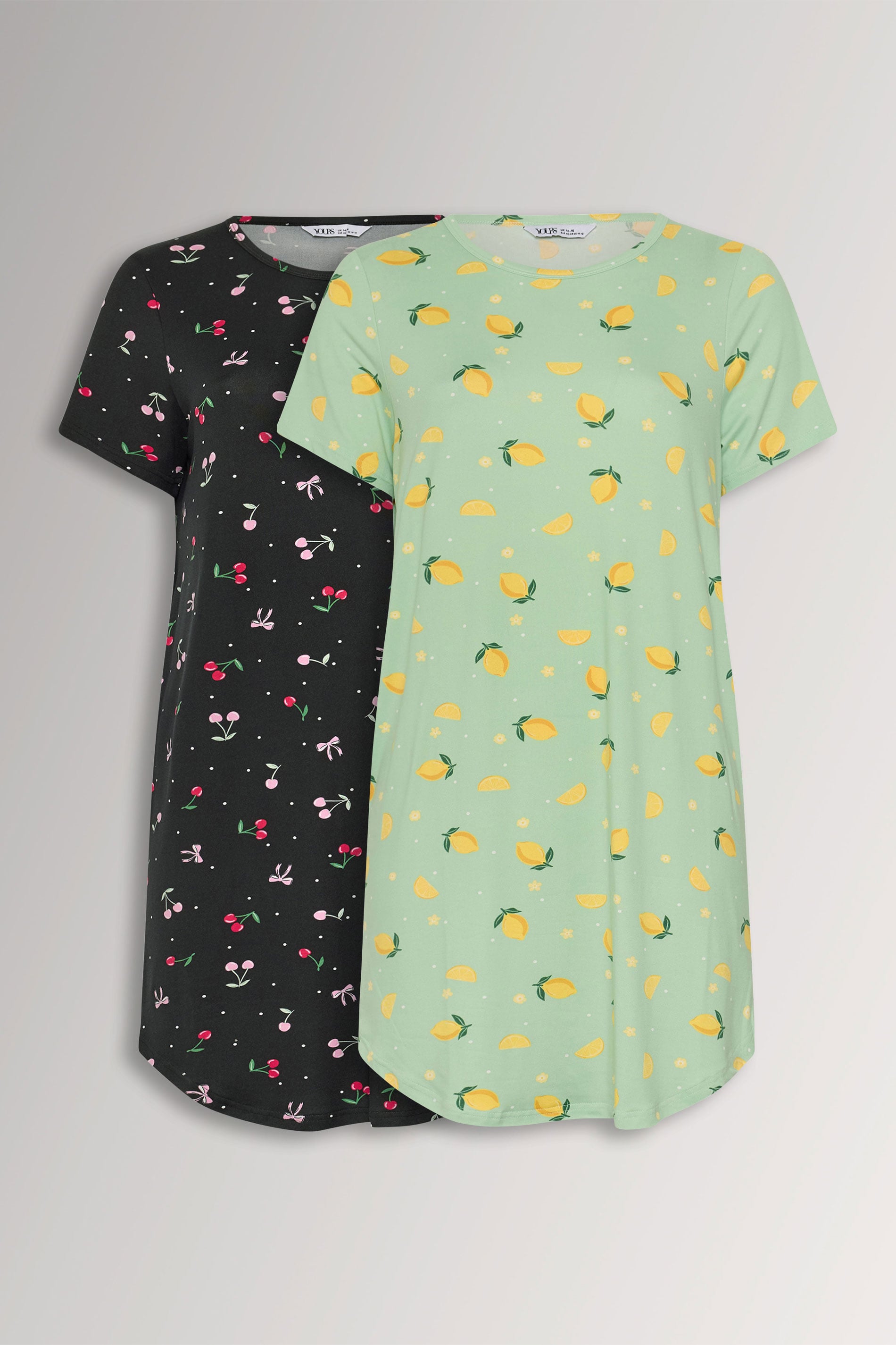 YOURSET Plus Size 2 PACK Black Lemon & Cherry Soft Touch Nightdresses | Yours Clothing 3