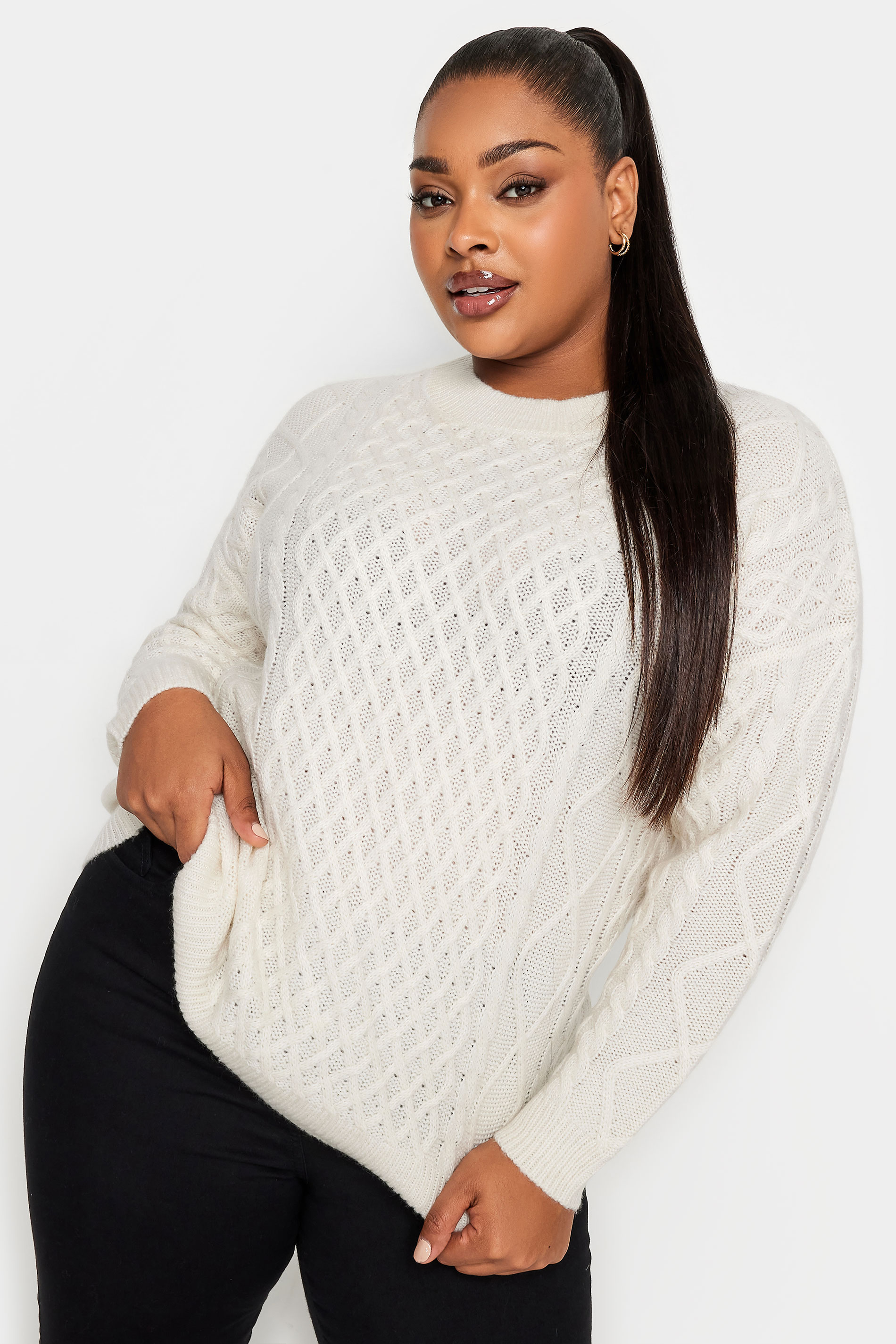 YOURS Plus Size White Cable Knit Jumper | Yours Clothing 1