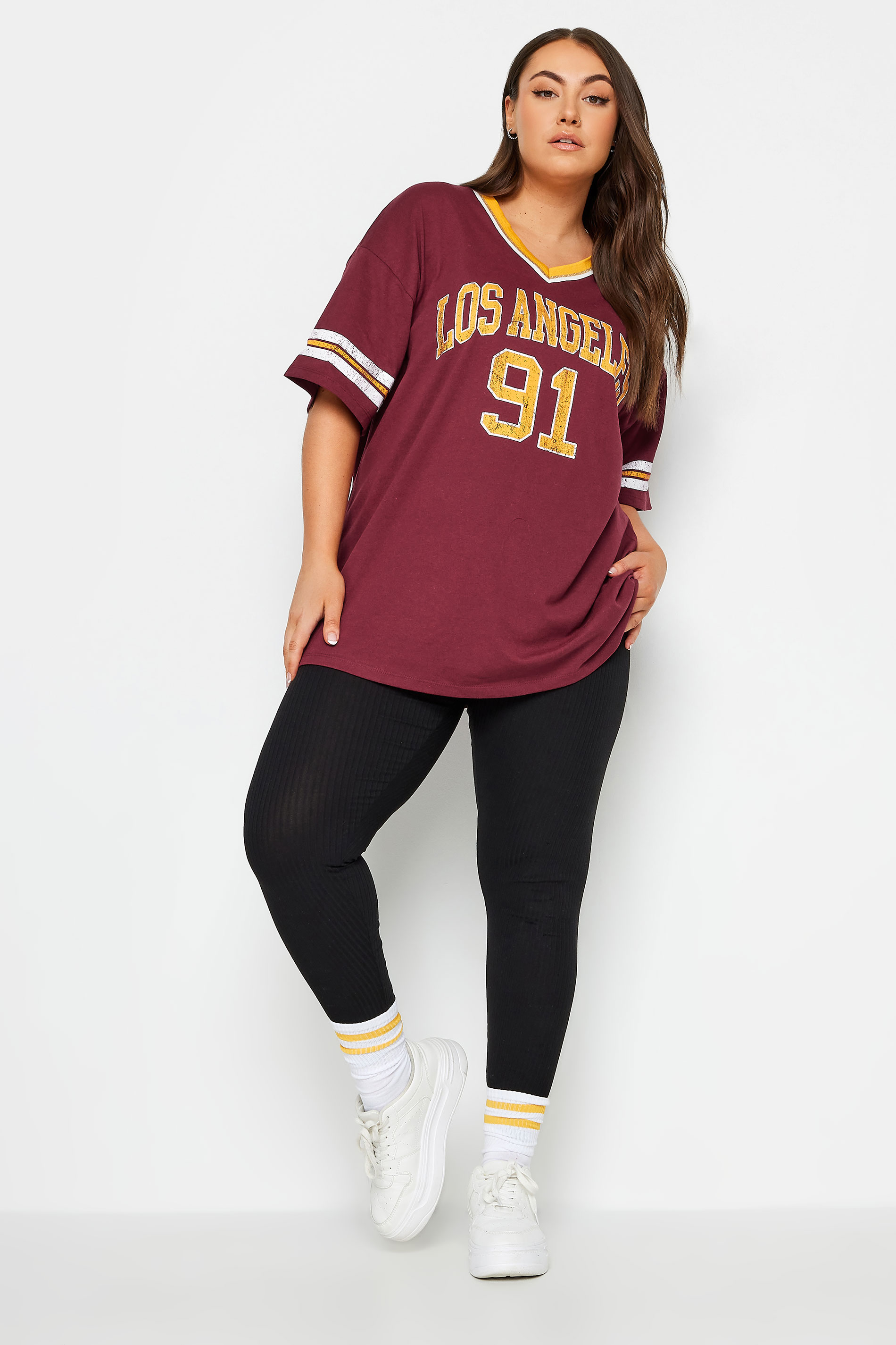 YOURS Plus Size Red 'Los Angeles' Slogan Varsity T-Shirt | Yours Clothing 2