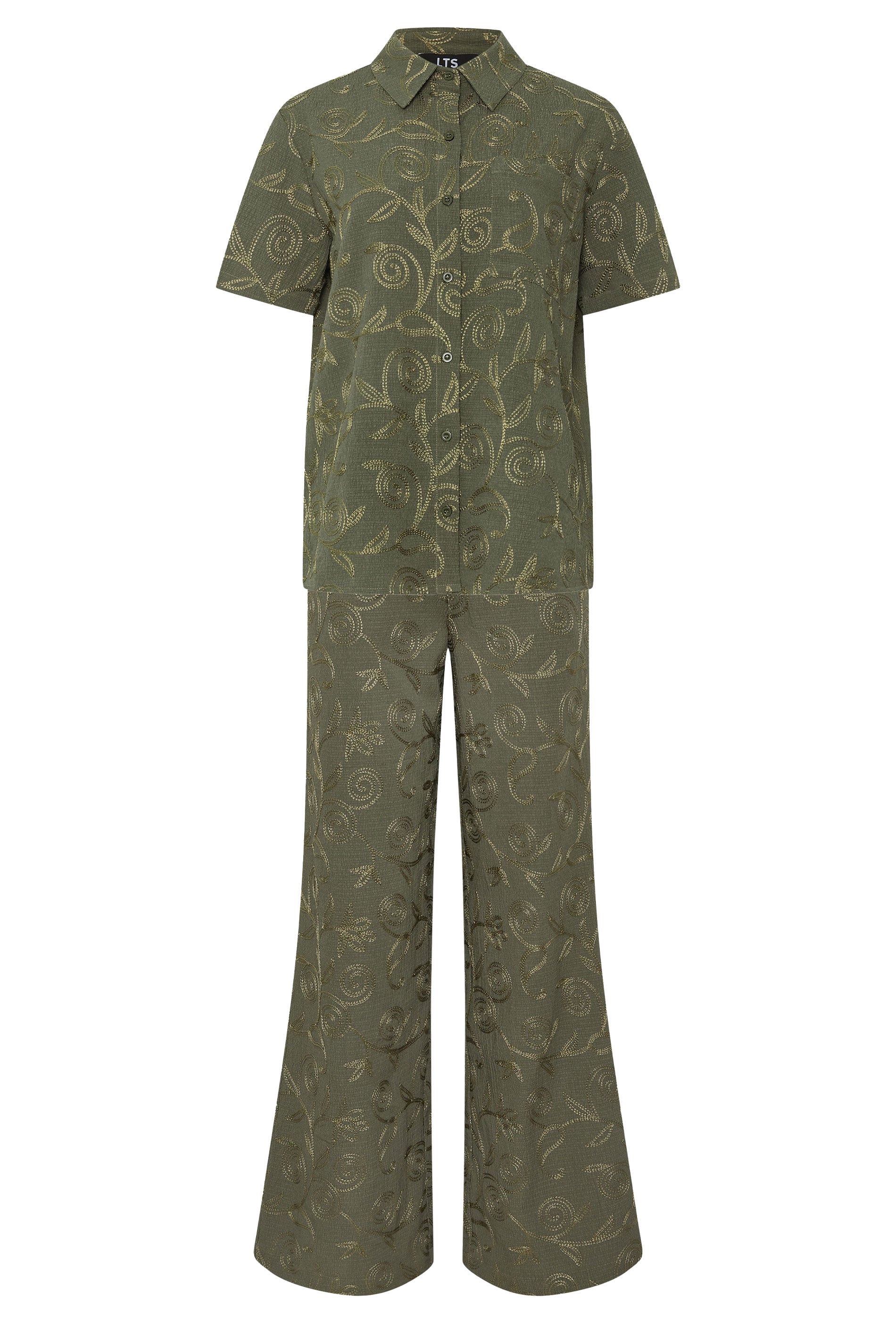 LTS Tall Women's Set Olive Green Floral Embroidered Shirt & Trousers | Long Tall Sally  6