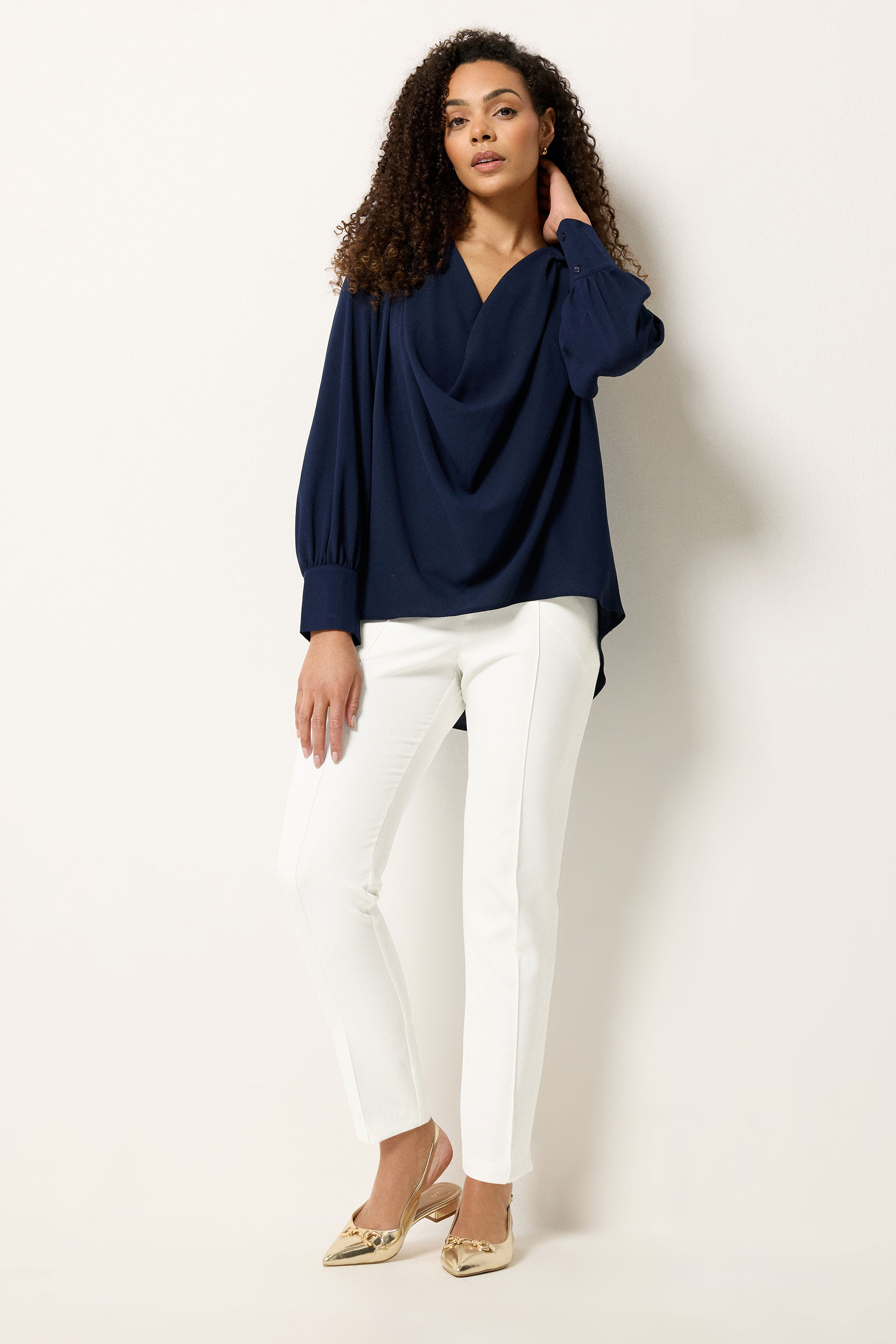M&Co Navy Blue Drape Front Blouse | M&Co 1