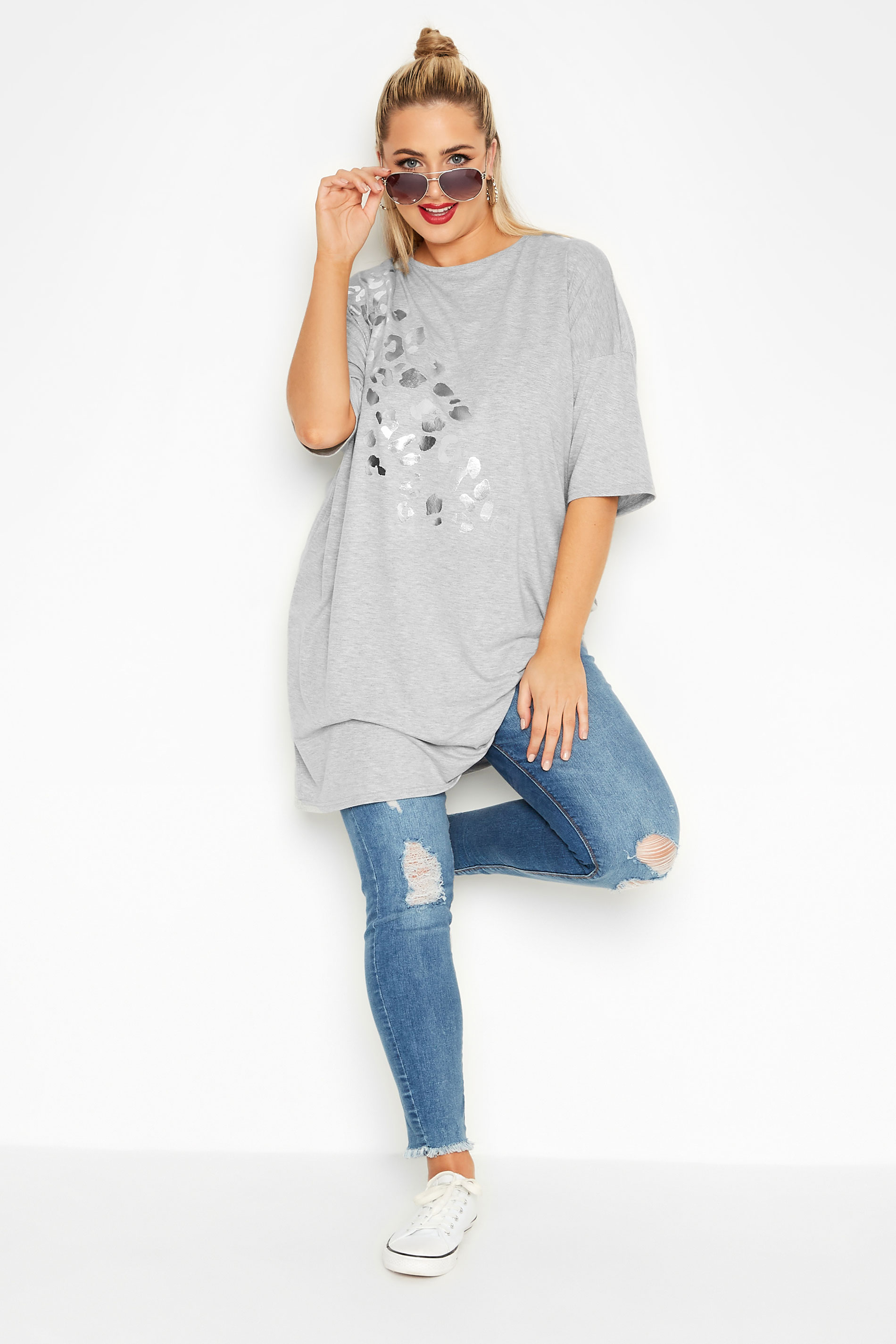 LIMITED COLLECTION Plus Size Grey Foil Leopard Print Oversized T-Shirt | Yours Clothing  2