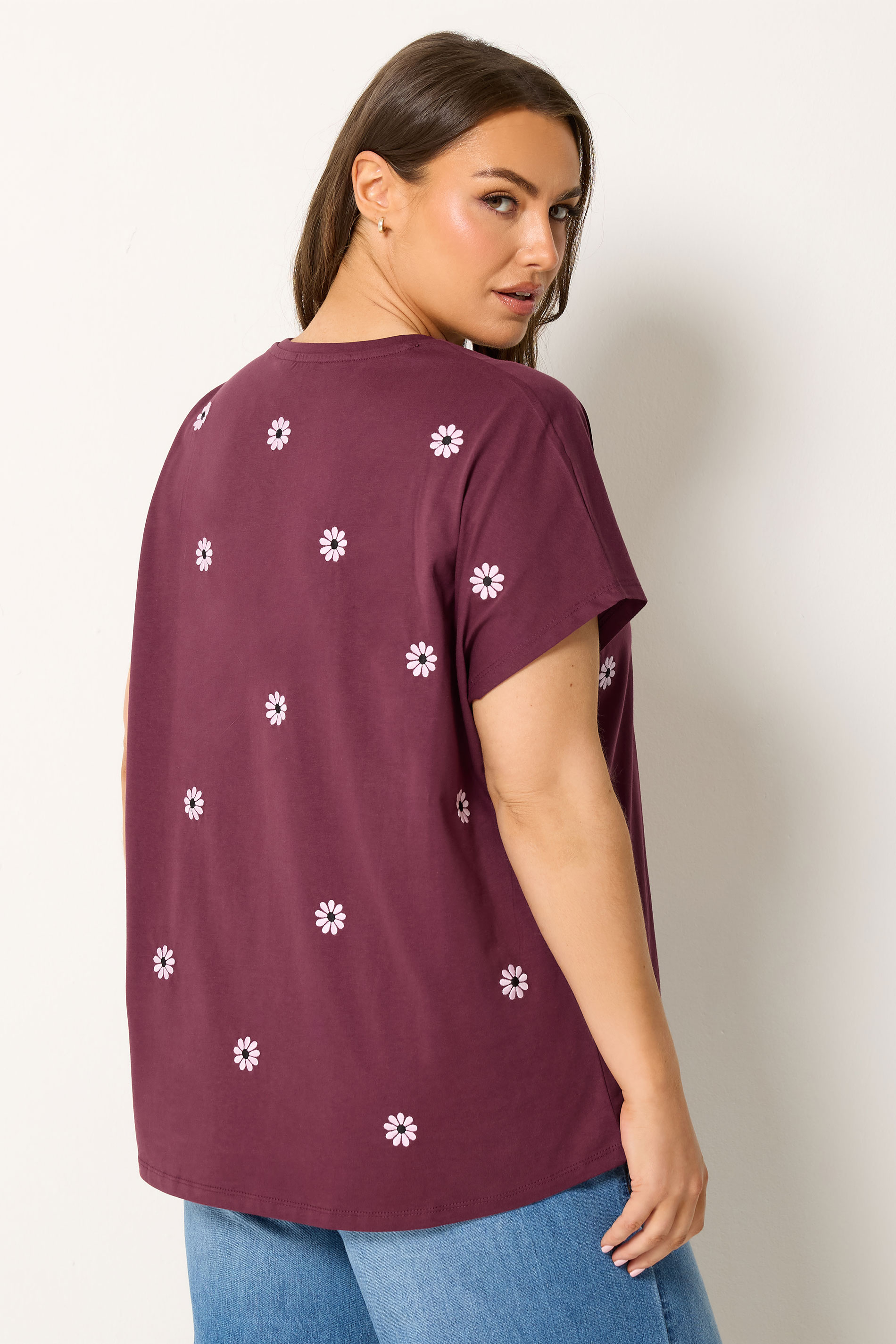 YOURS Plus Size Burgundy Red Embroidered Daisy T-Shirt | yours Clothing 2