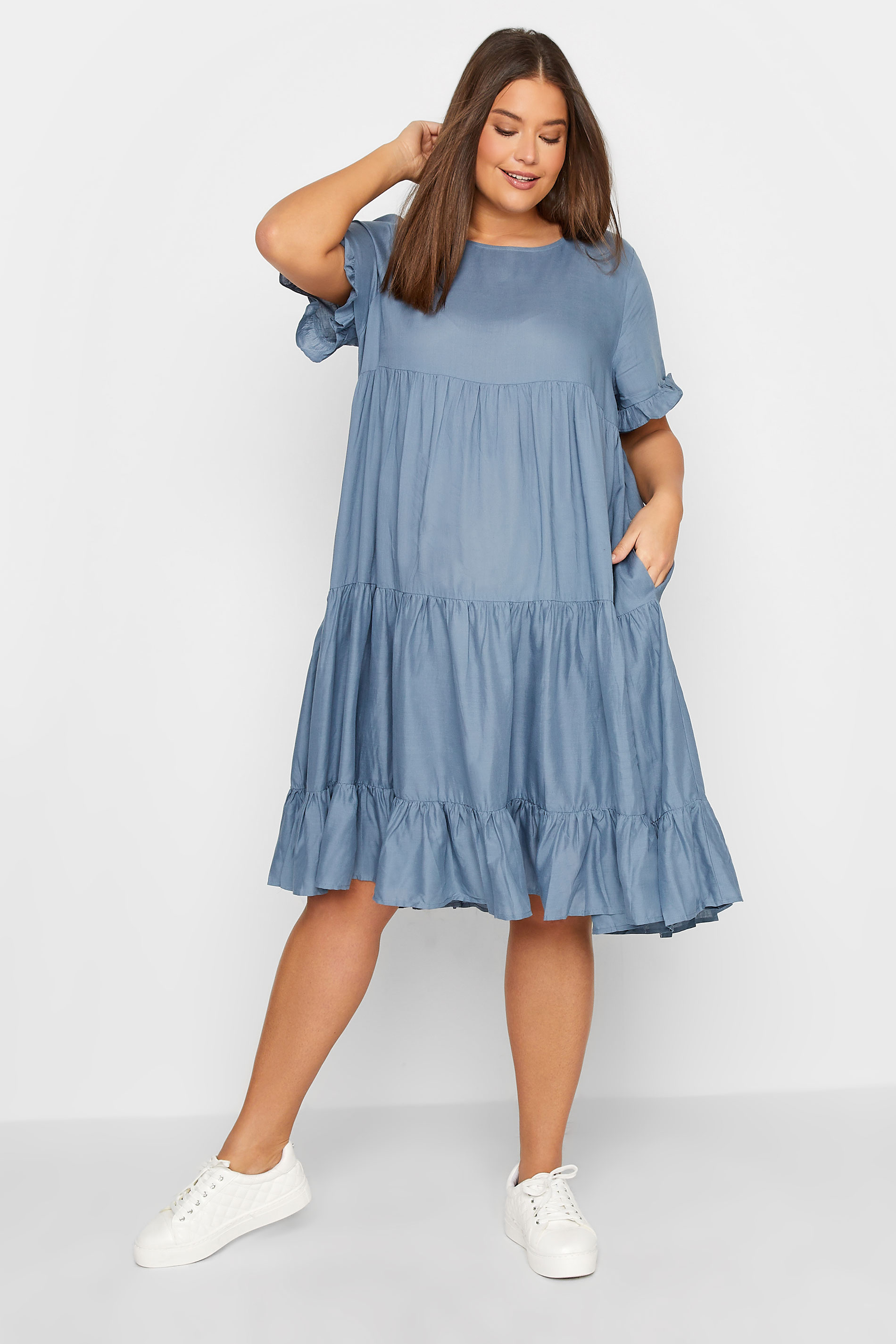 Tall Women's LTS Maternity Blue Tiered Linen Look Smock Dress | Long Tall Sally 2