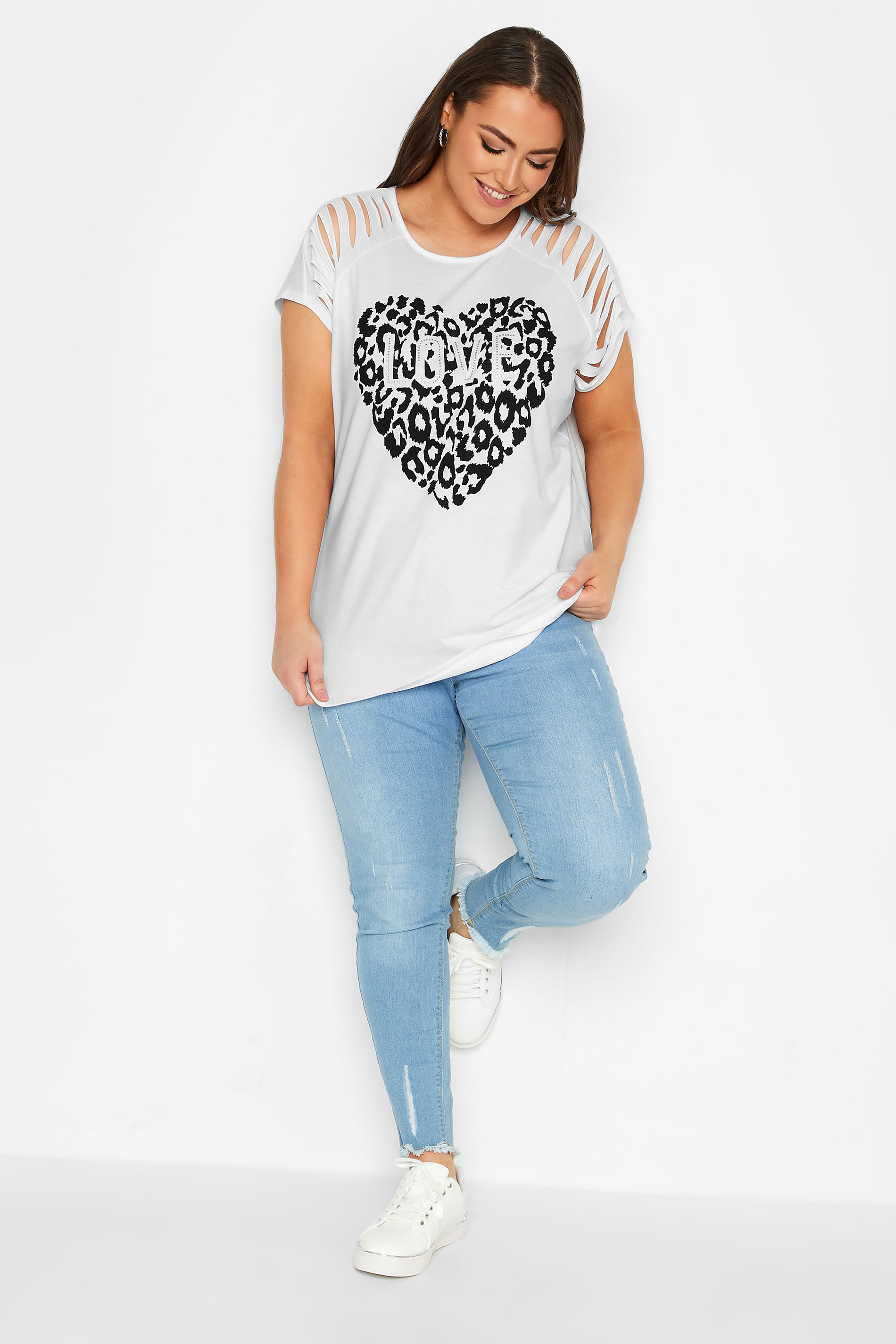 YOURS Plus Size White Leopard Print 'Love' Distressed T-Shirt | Yours Clothing 2