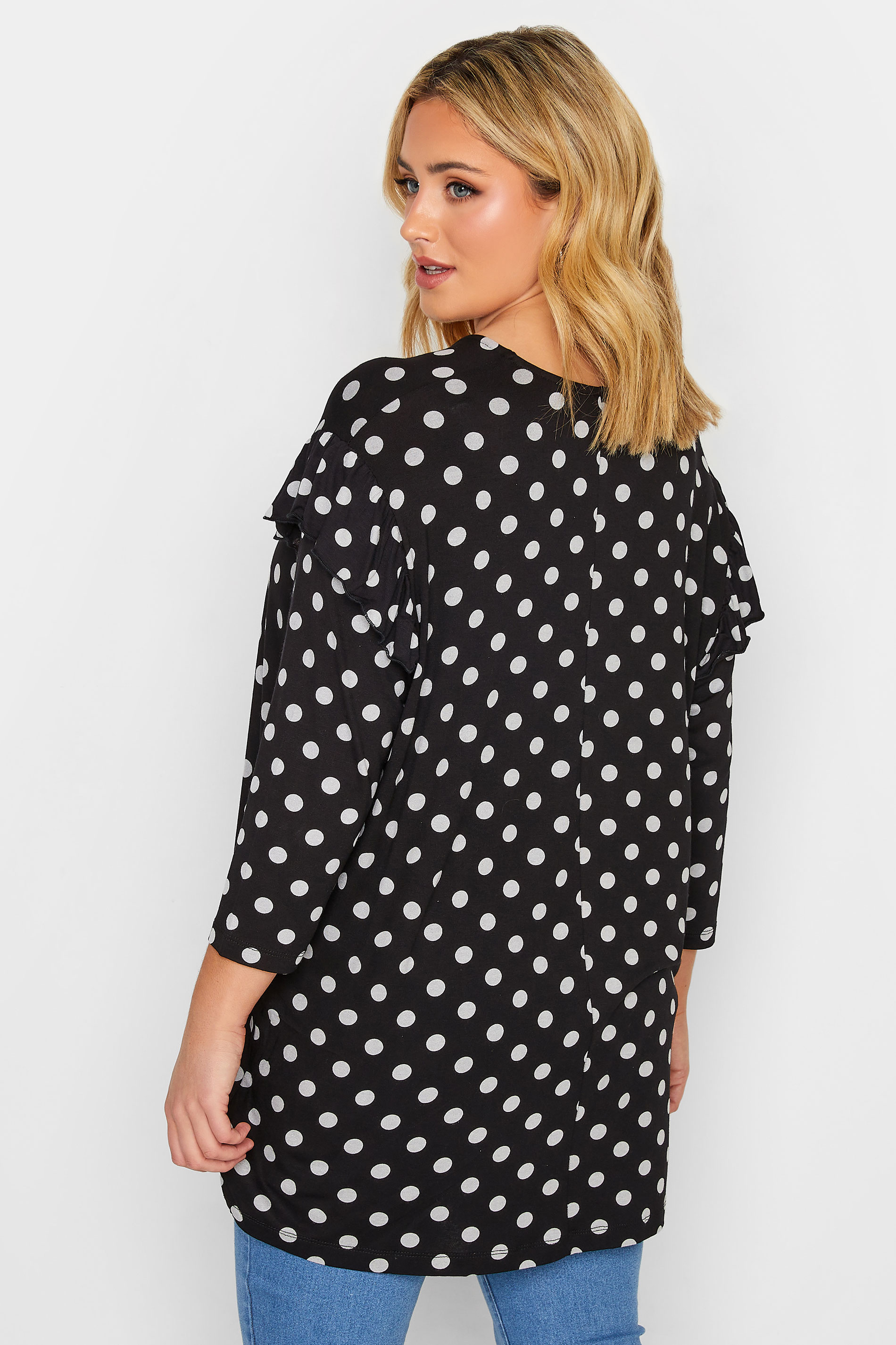 Plus Size Black Spot Print Tie Neck Top | Yours Clothing 3