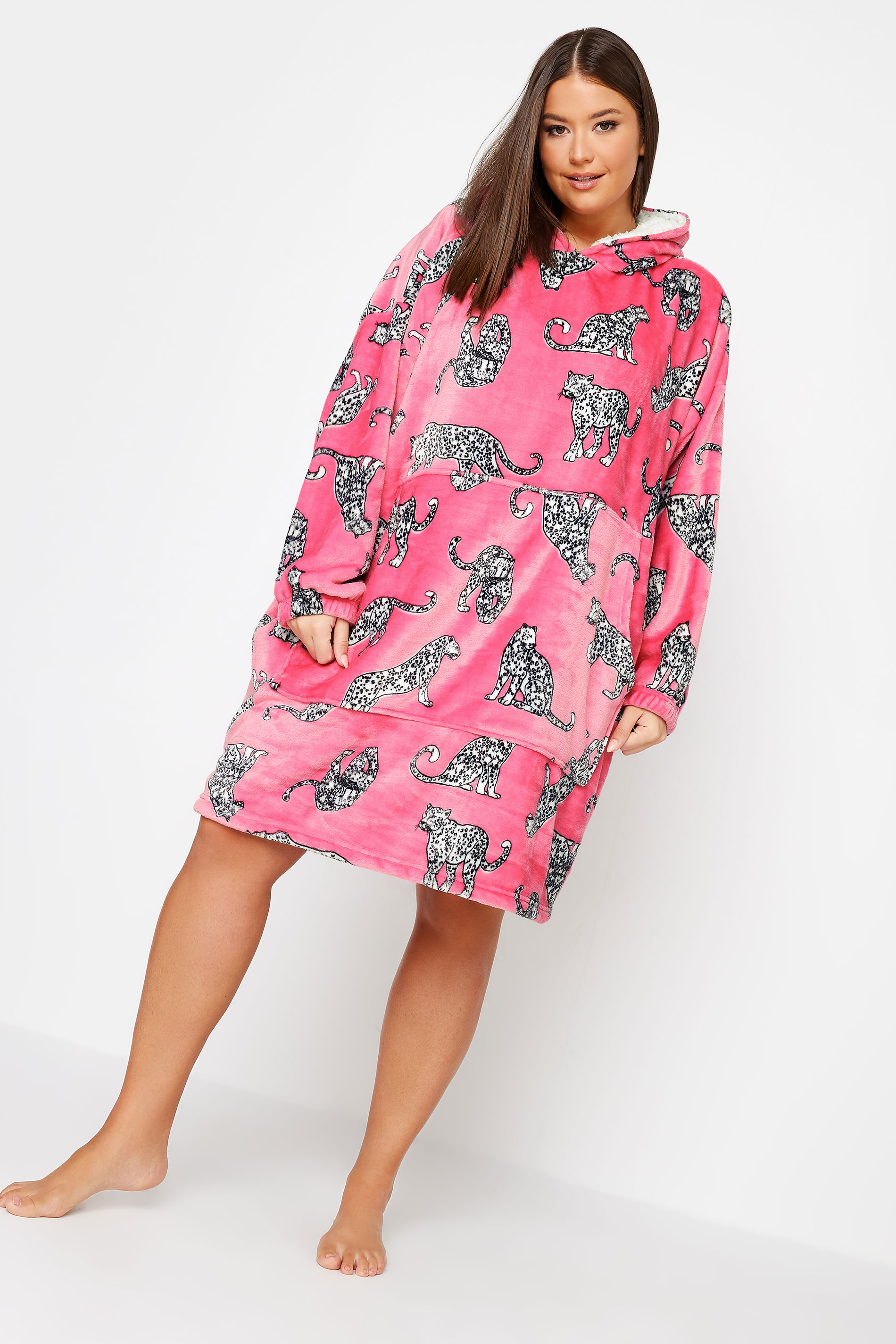 YOURS Plus Size Pink Soft Touch Animal Print Snuggle Hoodie | Yours Clothing 3