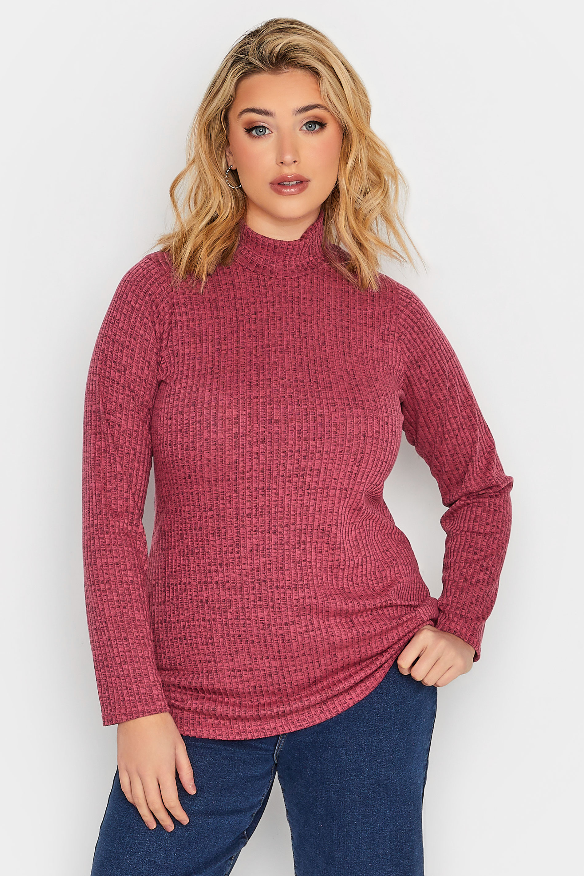 LIMITED COLLECTION Plus Size Curve Pink Ribbed Turtle Neck Top 1