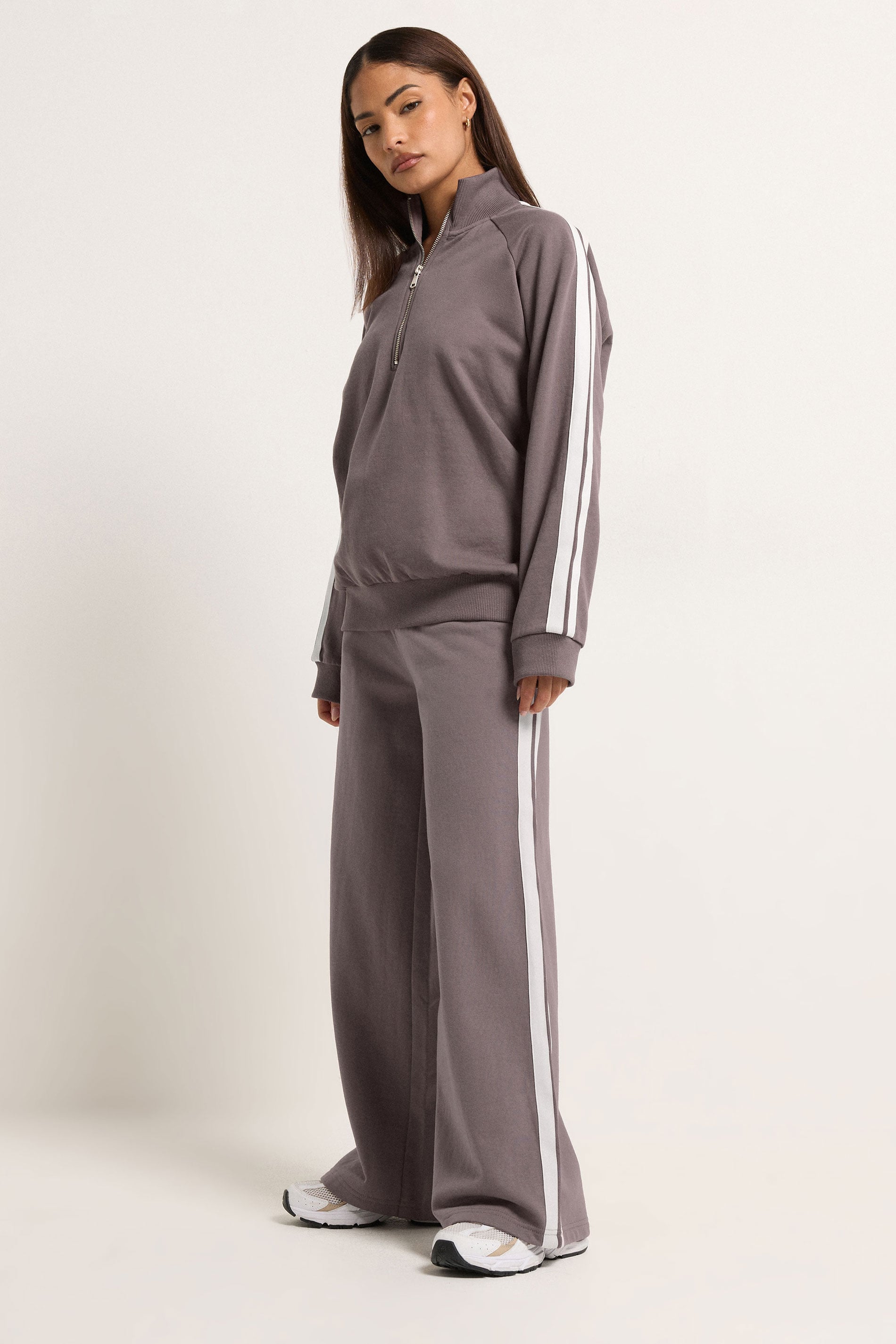 PixieGirl Petite Women's Set Purple Stripe Quarter Zip Sweatshirt & Wide Leg Joggers | PixieGirl 2