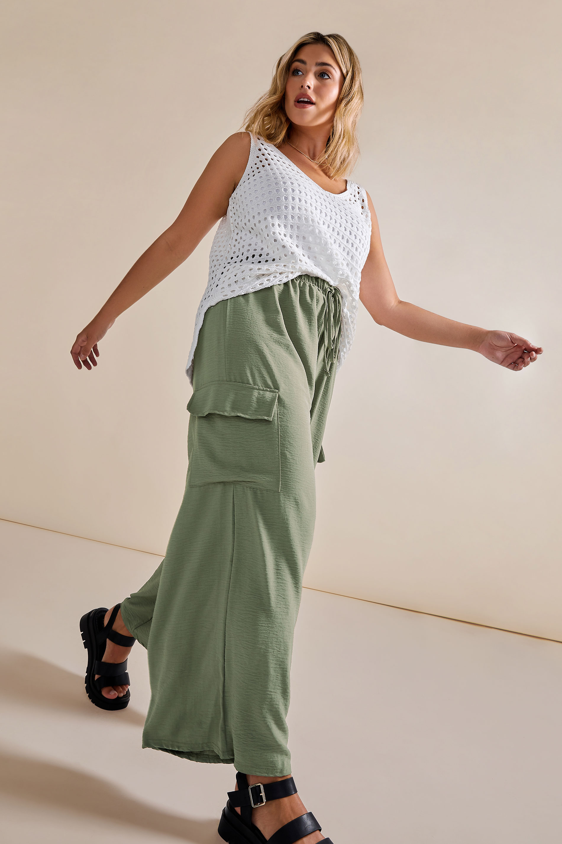 YOURS Plus Size Khaki Green Wide Leg Crepe Cargo Trousers | Yours Clothing 1