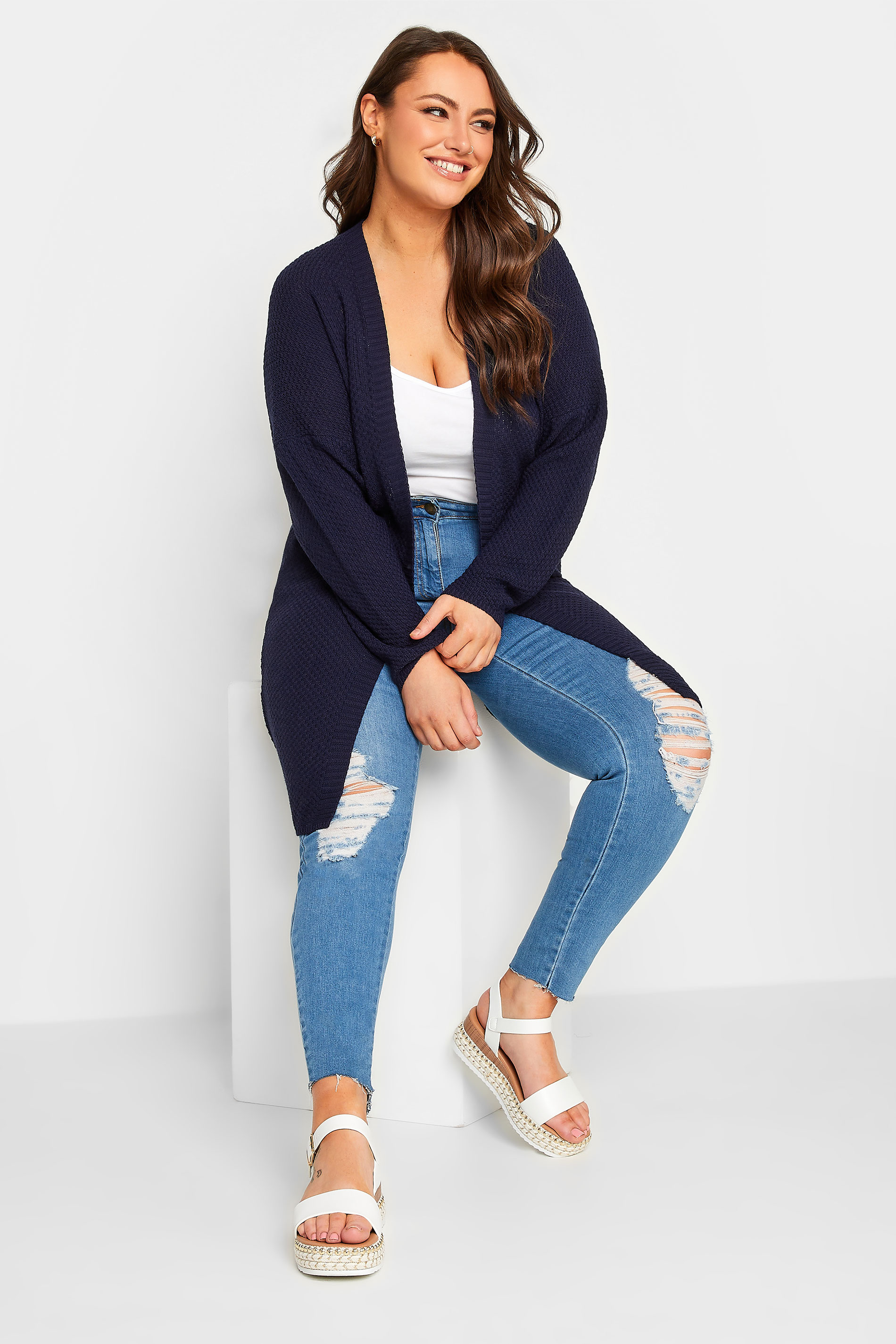 YOURS Curve Plus Size Navy Blue Pointelle Long Sleeve Cardigan | Yours Clothing  2