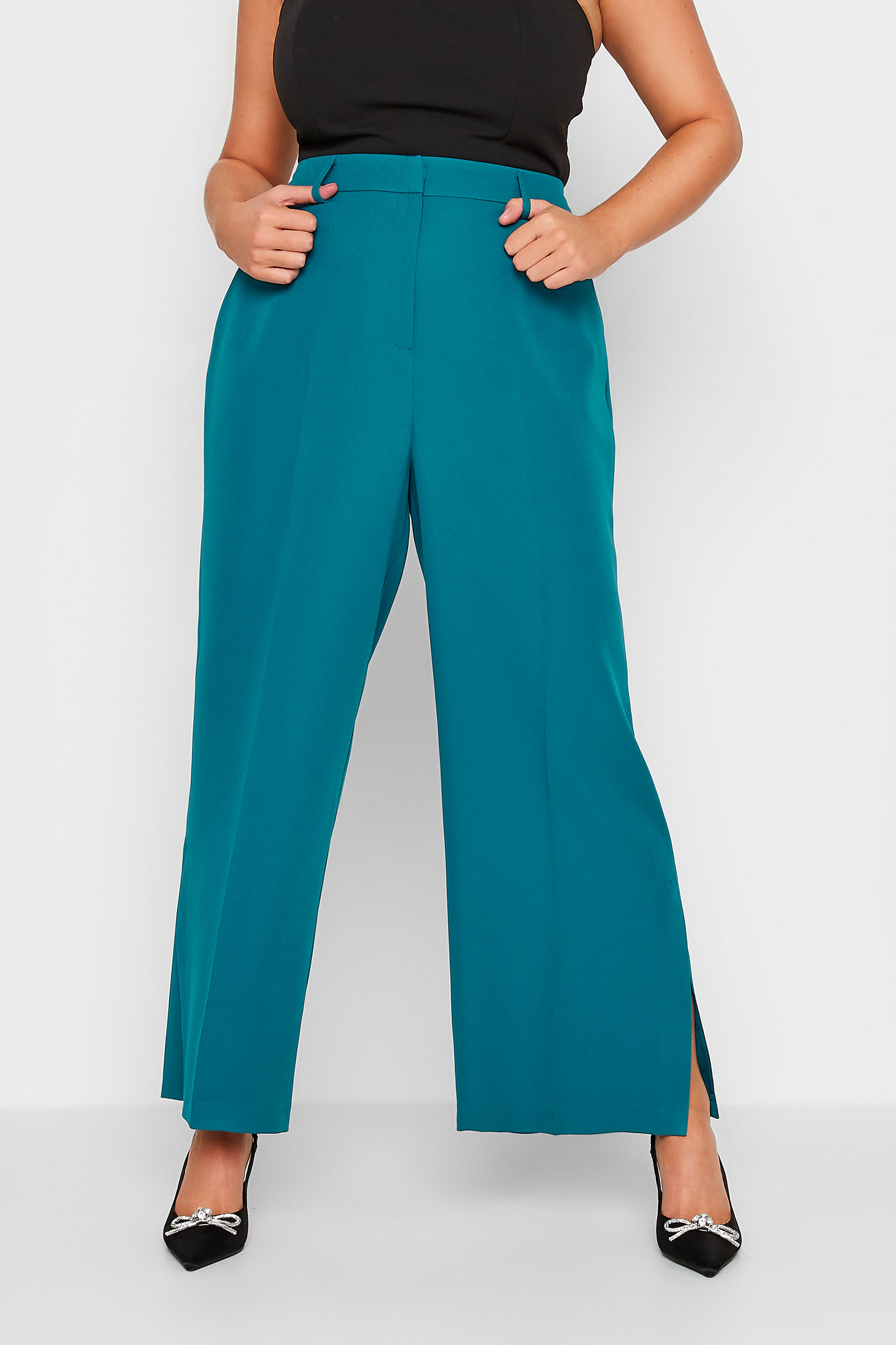Plus Size Teal Blue Split Hem Flared Trousers| Yours Clothing 1