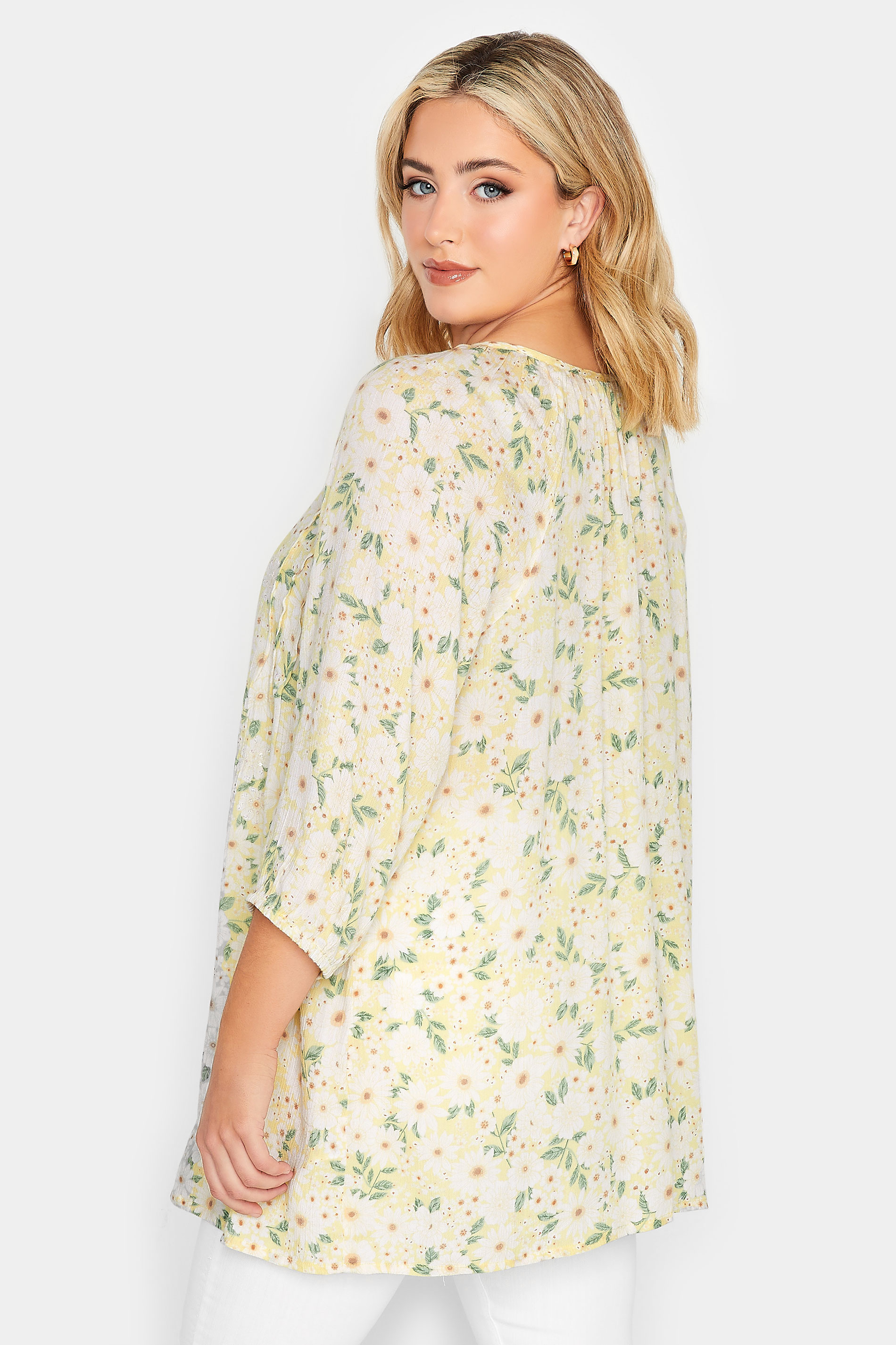 YOURS Curve Plus Size Yellow Floral Tie Neck Top | Yours Clothing  3