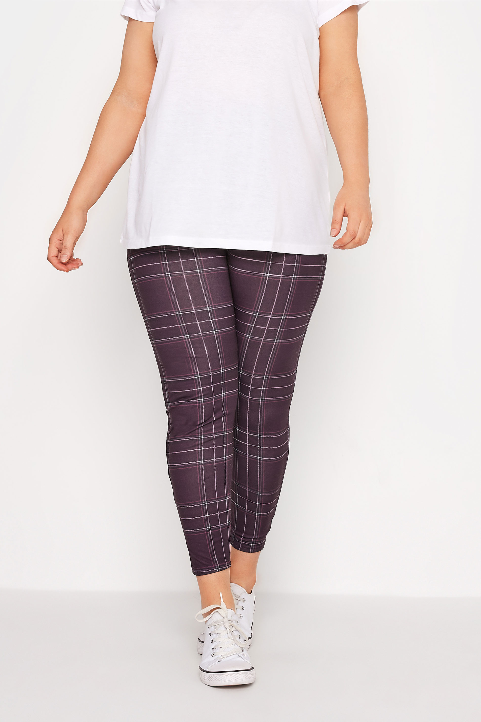 Plus Size Purple Check Leggings | Yours Clothing 1