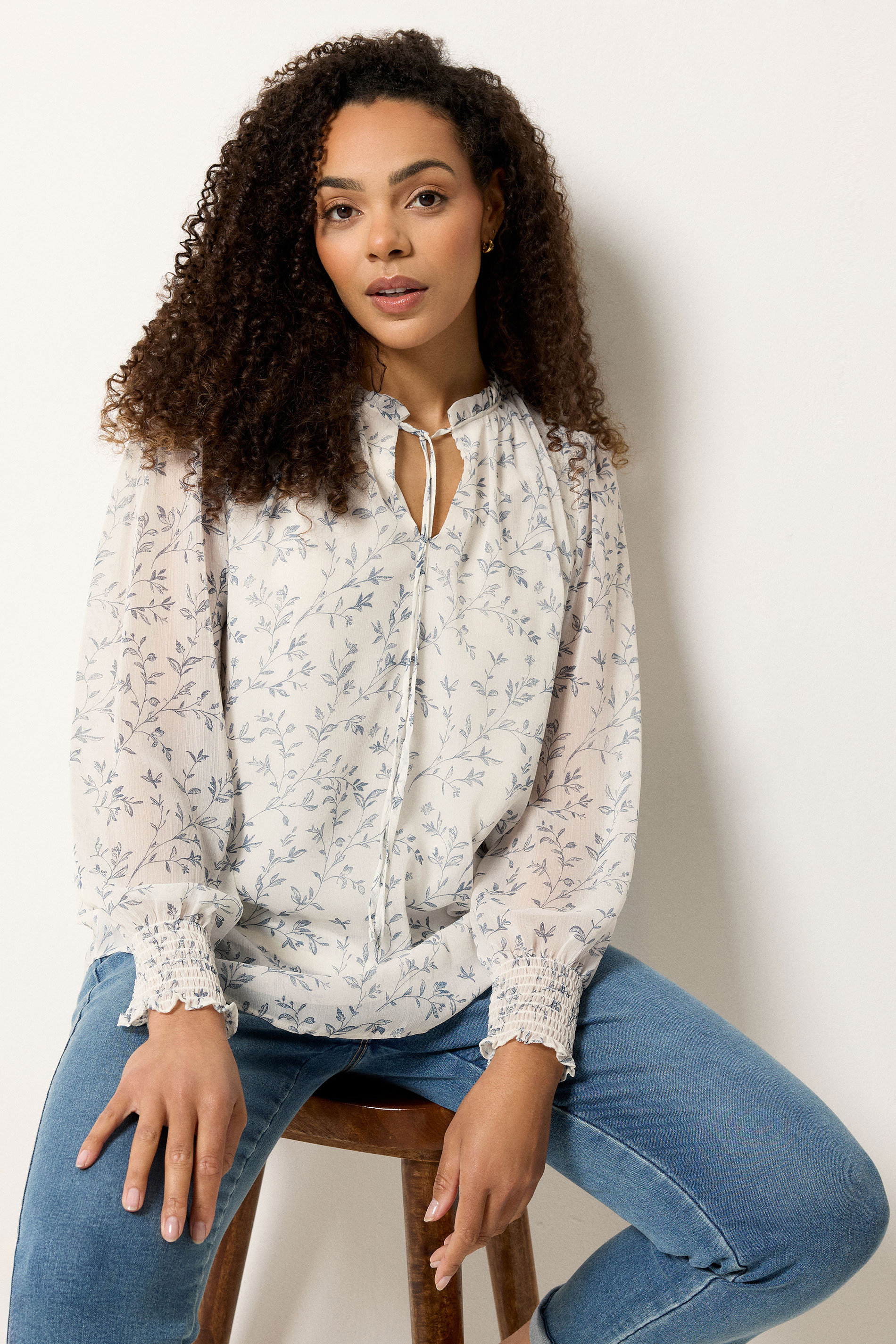 M&Co White & Blue Leaf Print Tie Neck Blouse | M&Co 3